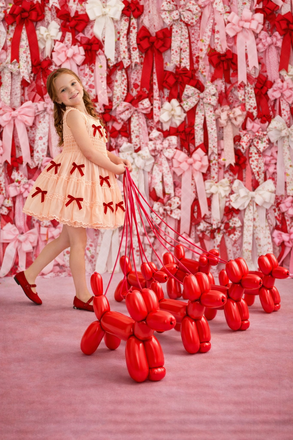 Young girl holding red balloon dogs in front of a wall of red and white bows