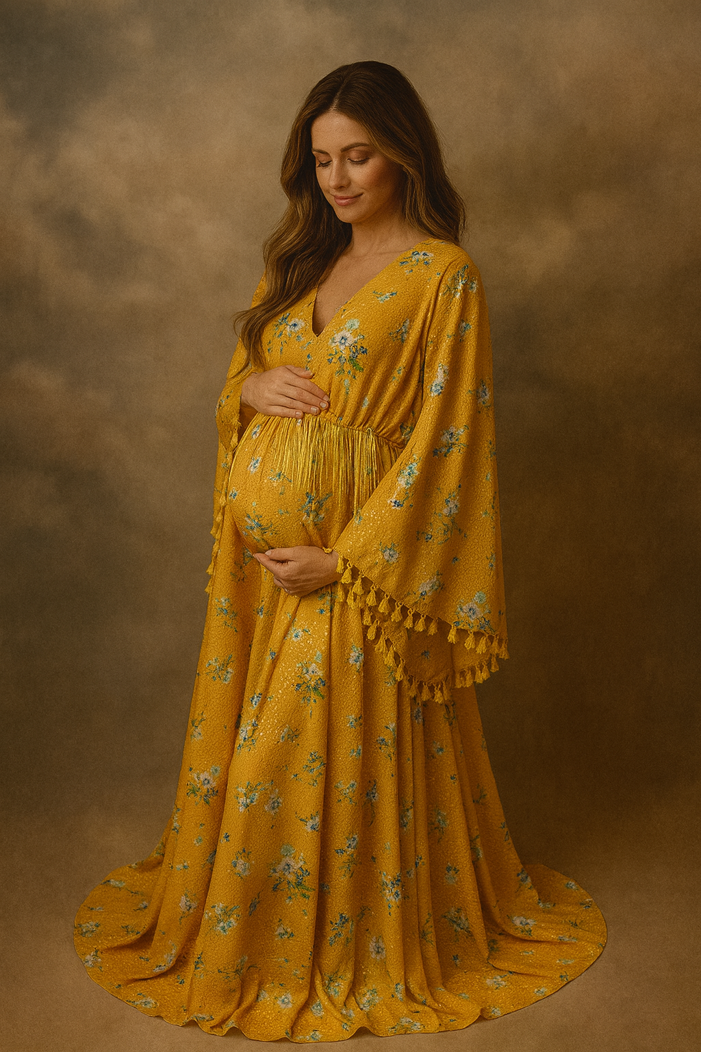 Woman in a yellow floral dress standing against a brown background