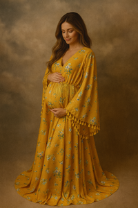 Woman in a yellow floral dress standing against a brown background