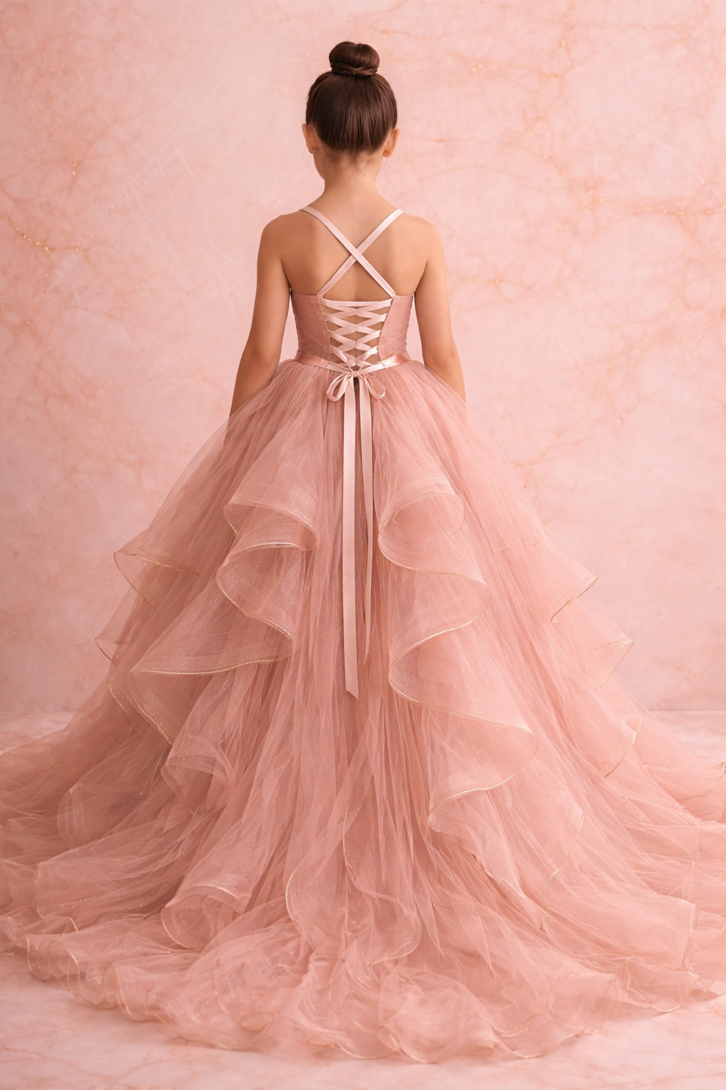 “Full-length custom couture gowns with sweeping skirts and refined details.”