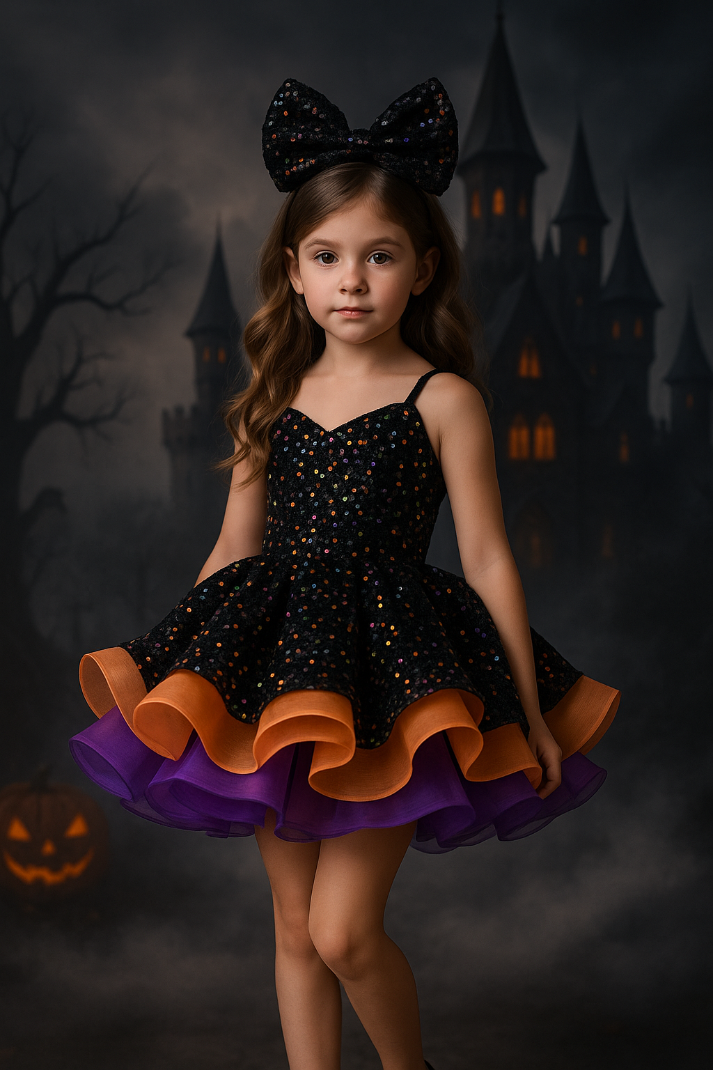 Young girl in a Halloween-themed dress with a dark castle and pumpkin in the background