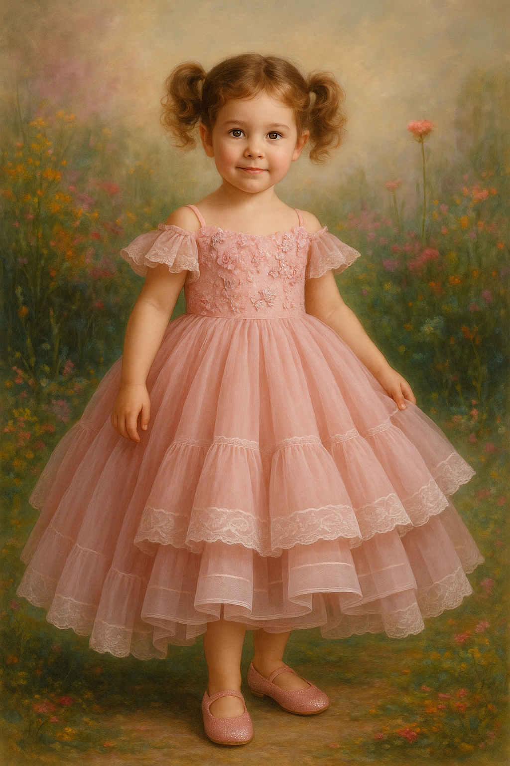 Young girl in a pink dress standing in a field of flowers
