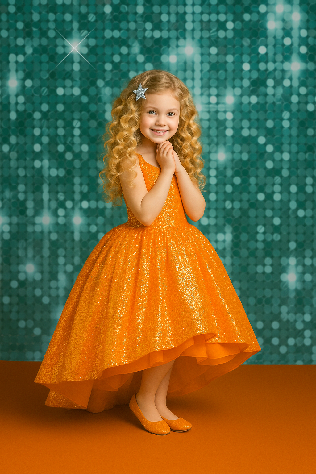 Young girl in an orange dress with a star hair accessory against a teal sequin background