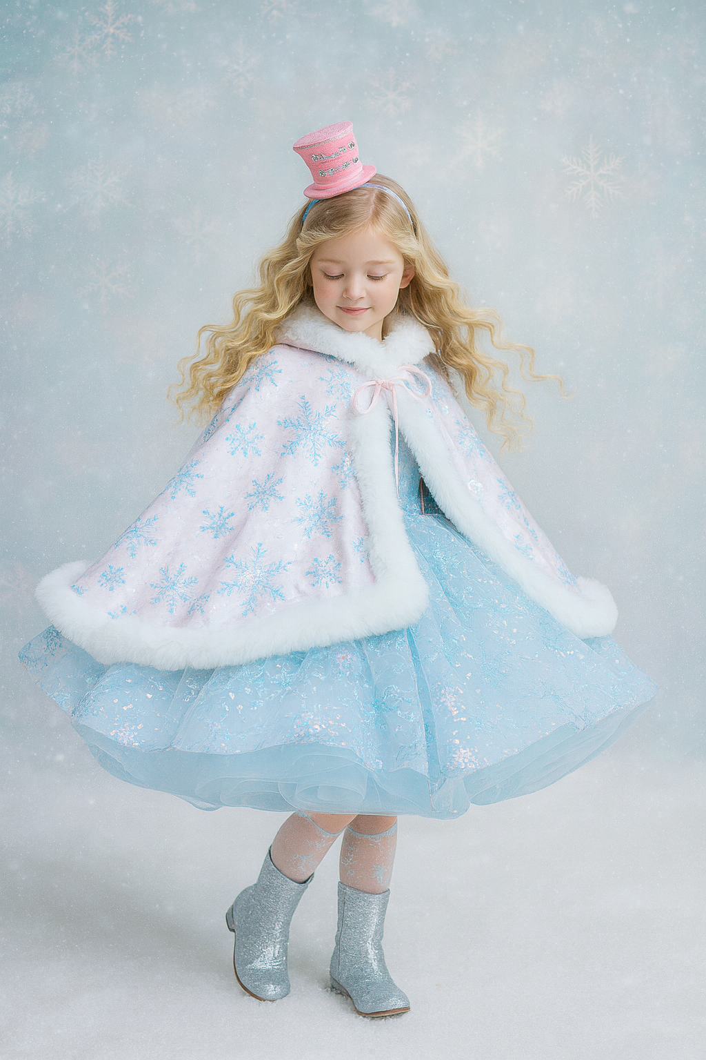 Young girl in a light blue dress with white fur trim and a pink hat against a snowy background
