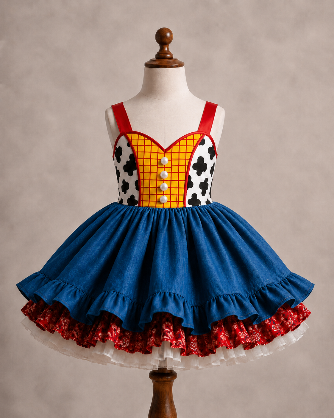 Toy Story birthday dress rental for girls featuring cow print vest, red bandana accents and layered denim blue skirt