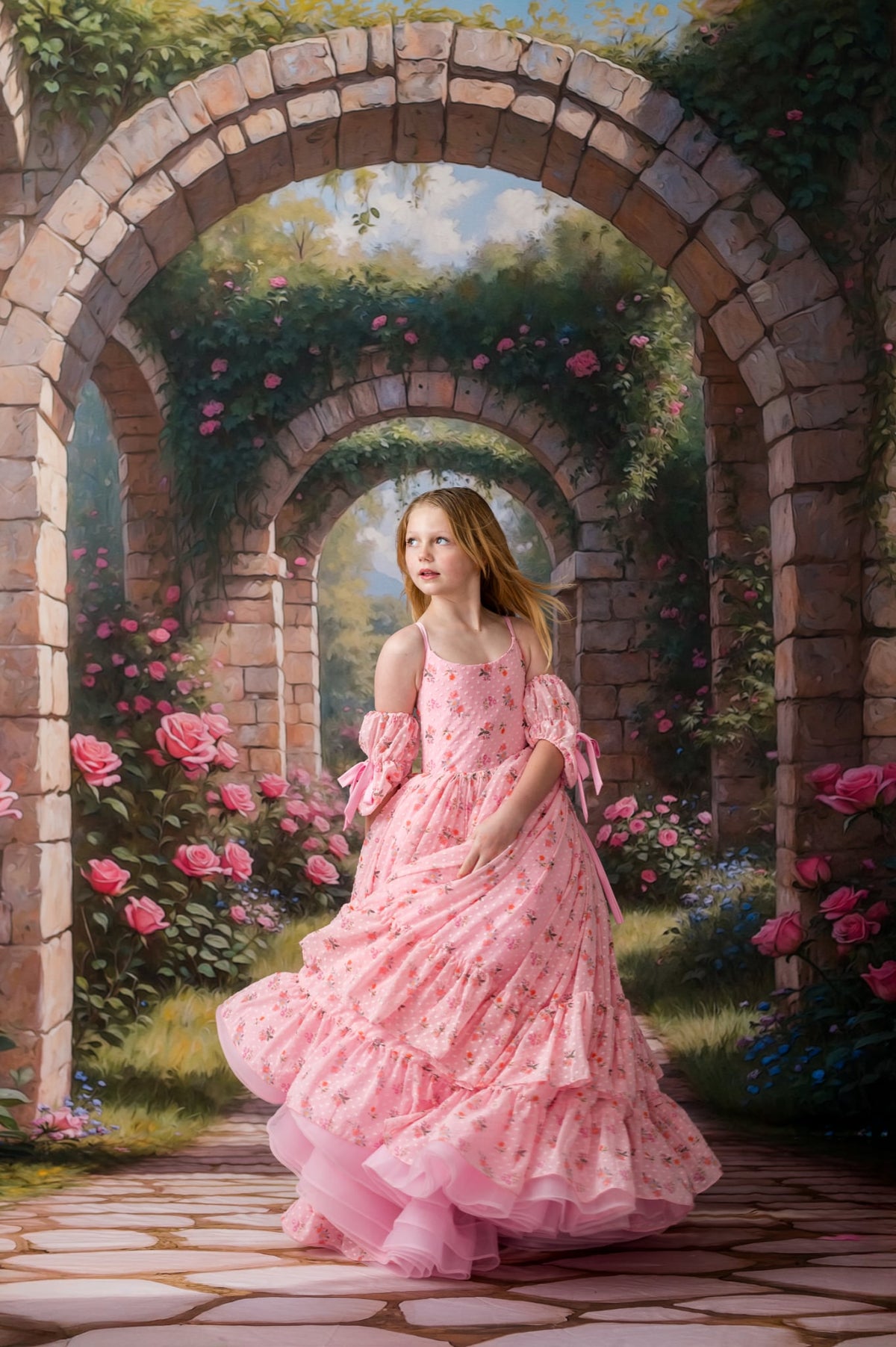 Woman in a pink dress standing under stone arches with floral decorations