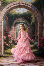 Woman in a pink dress standing under stone arches with floral decorations