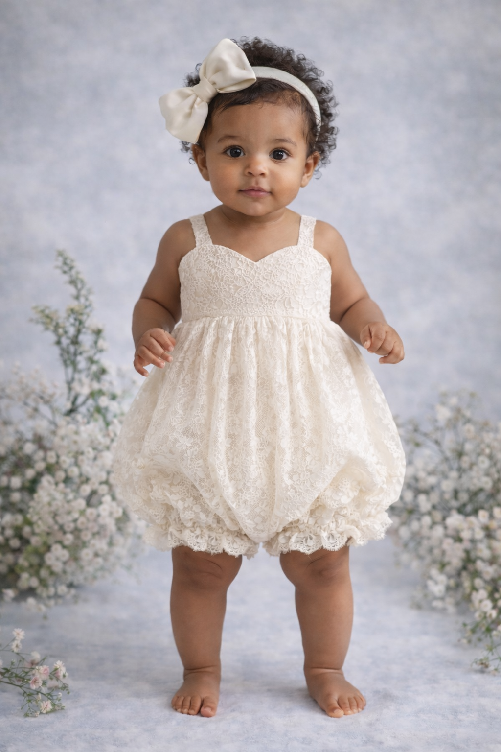 Baby in a white lace romper with a headband standing against a floral background
