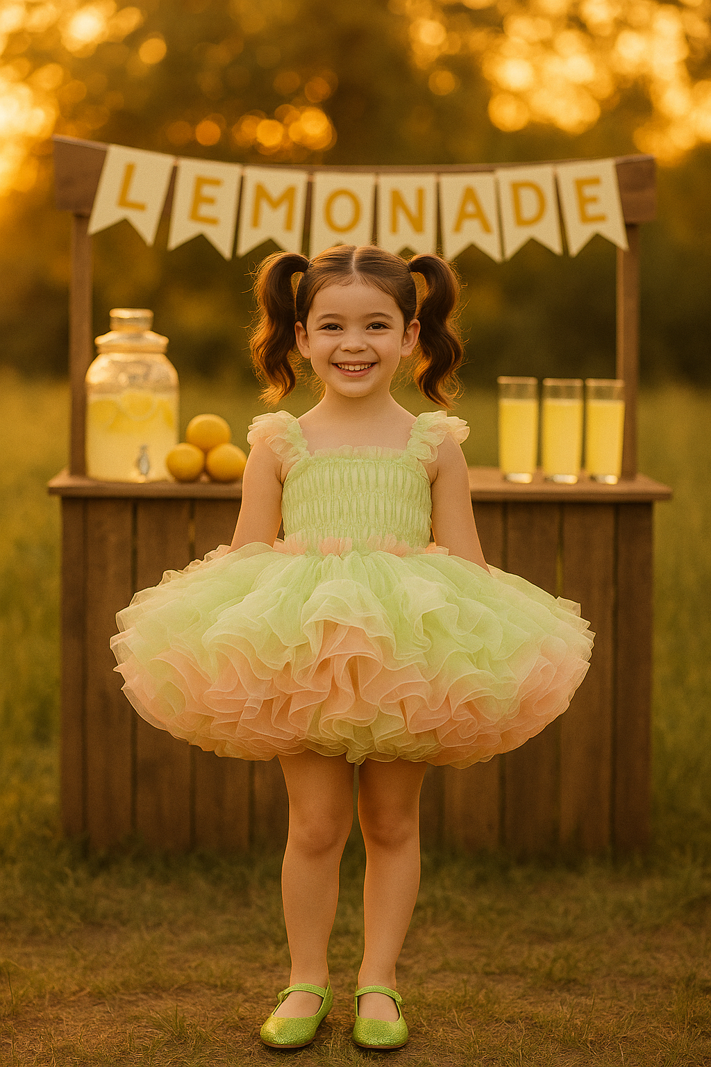 Young girl in a colorful dress standing in front of a lemonade stand with a blurred natural background