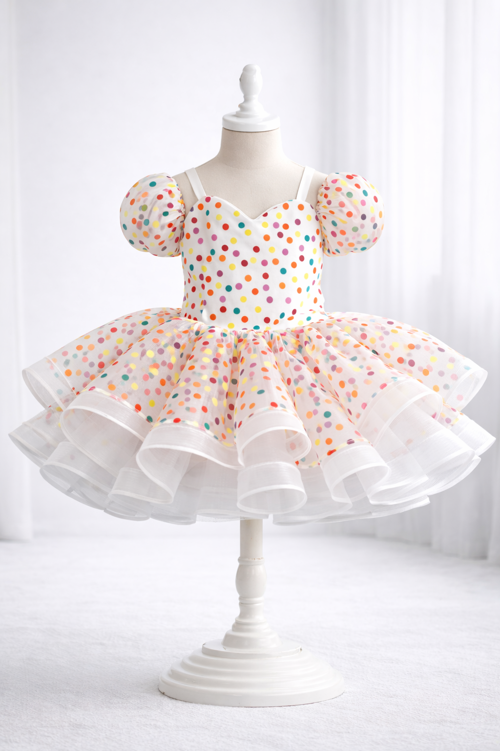 Polka dot dress on a mannequin against a white background