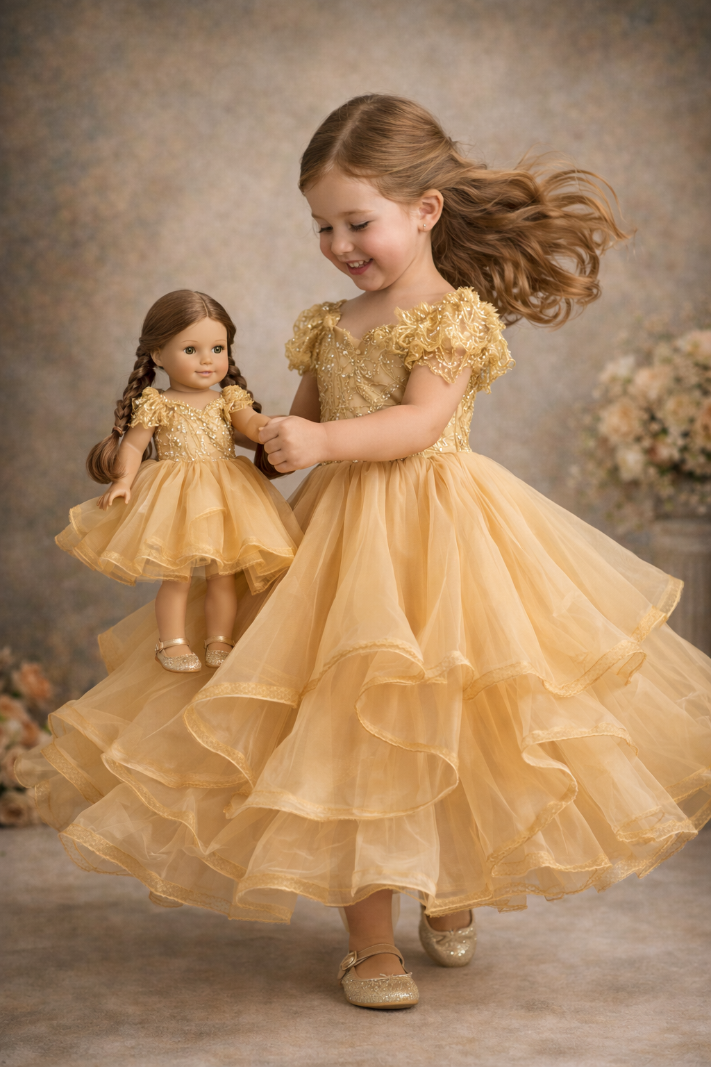 Young girl in a yellow dress holding hands with a doll in a similar dress, both on a neutral background.