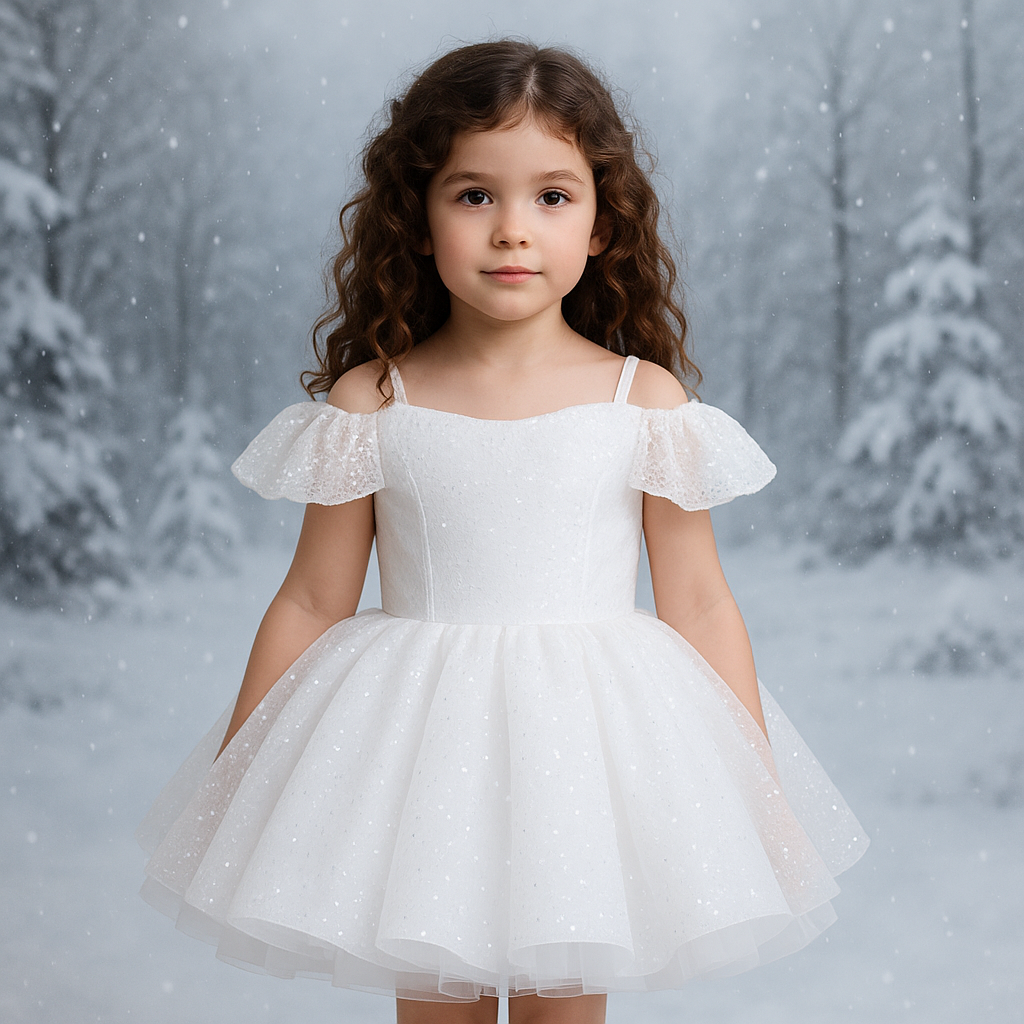 Young girl in a white dress standing in a snowy forest