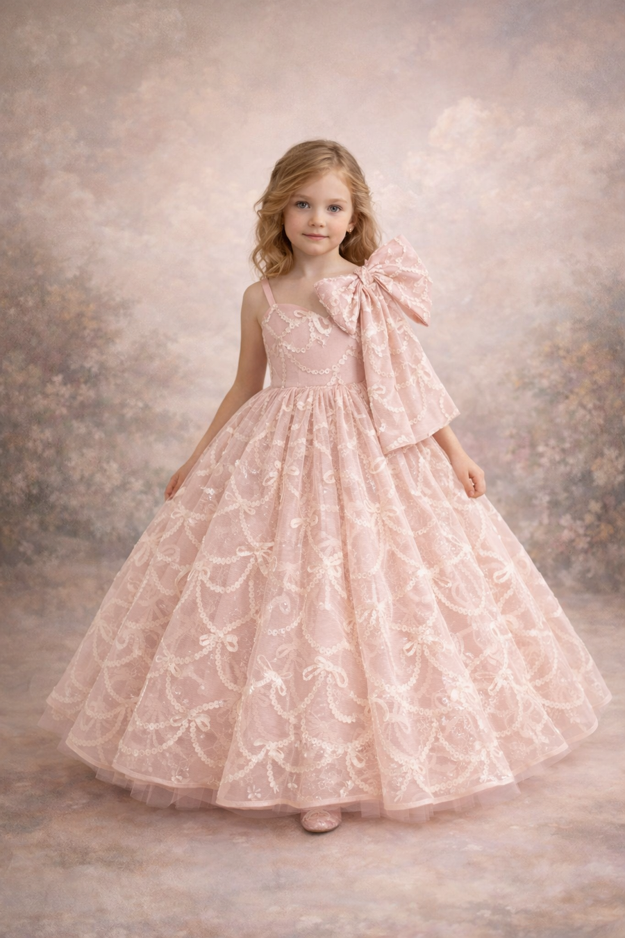 Young girl in a pink floral dress with a large bow on a textured background
