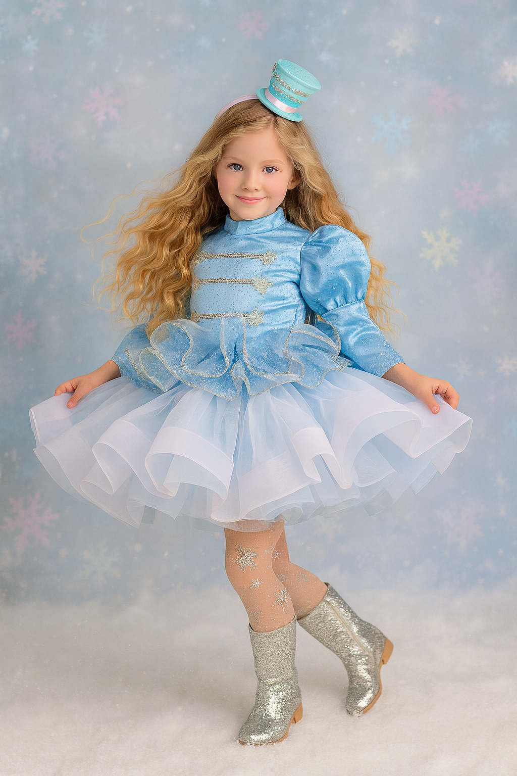 Young girl in a blue dress with puffed sleeves and white skirt, standing against a snowy background.
