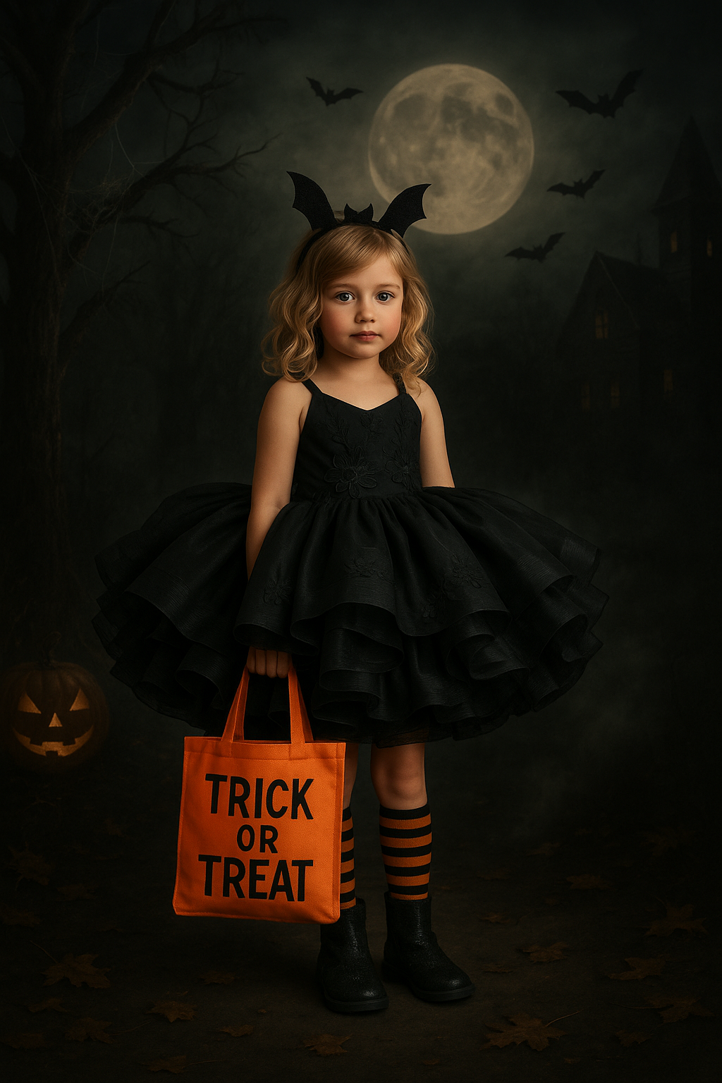 Child in Halloween costume with black dress, bat ears, and 'Trick or Treat' bag against a dark background with moon and bats.
