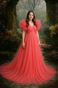 Woman in a long pink dress standing in a mystical garden setting