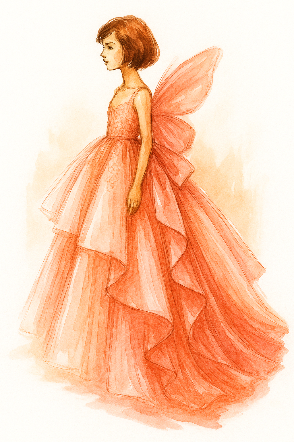 Illustration of a fairy in a detailed coral dress with butterfly wings on a white background