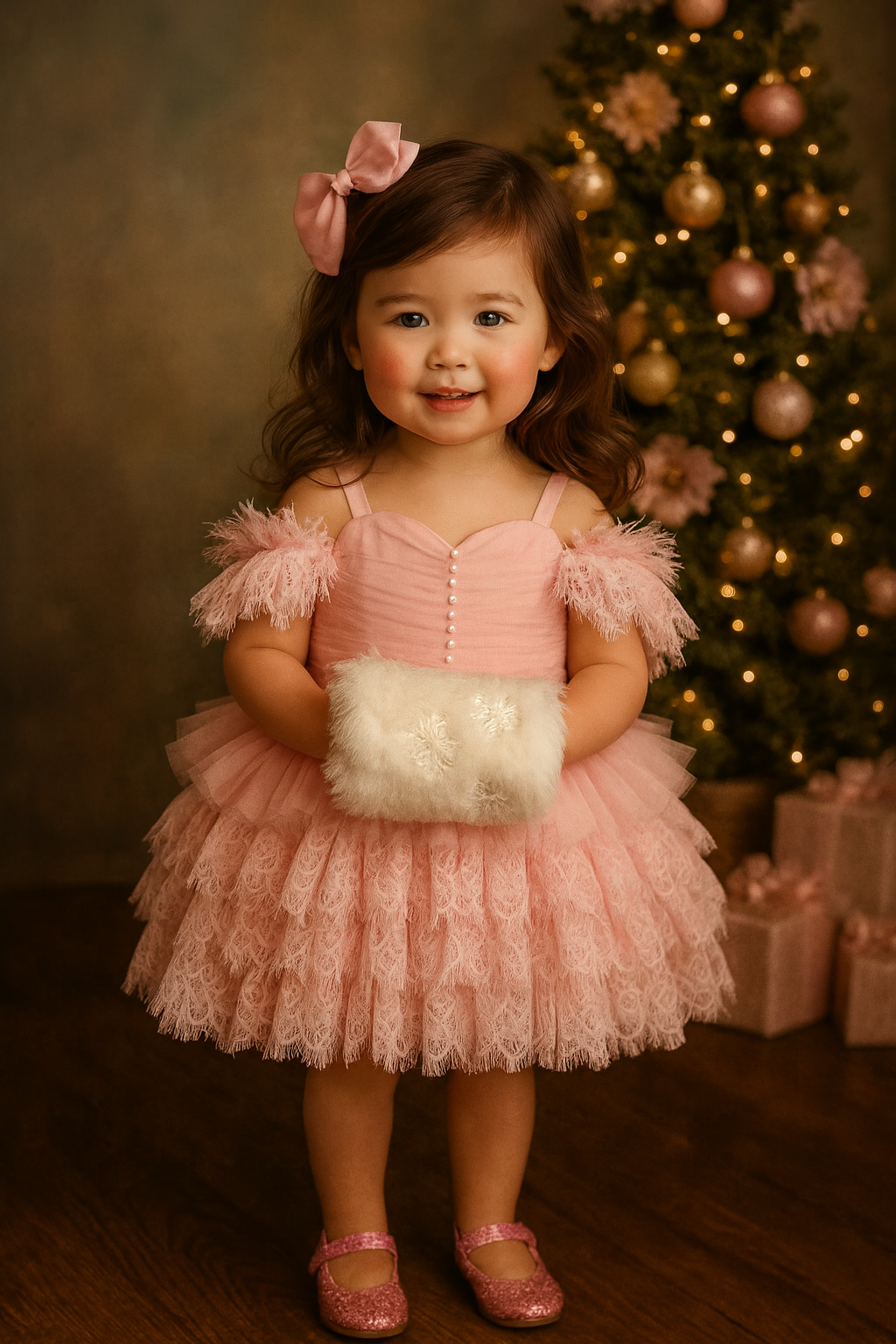 Young girl in a pink dress with a Christmas tree and decorations in the background