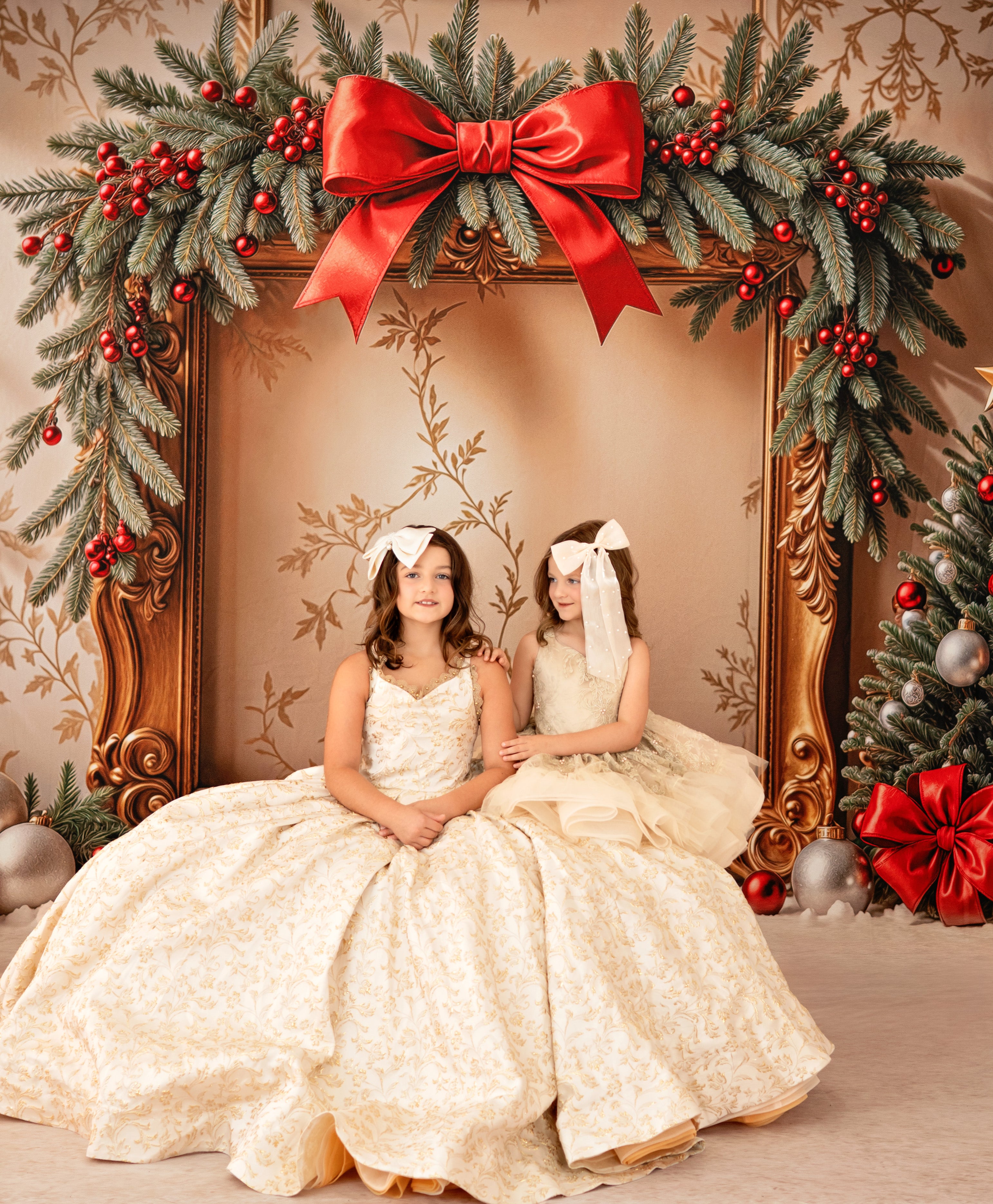 Two young girls in formal dresses sitting in front of a decorated Christmas frame with a red bow.