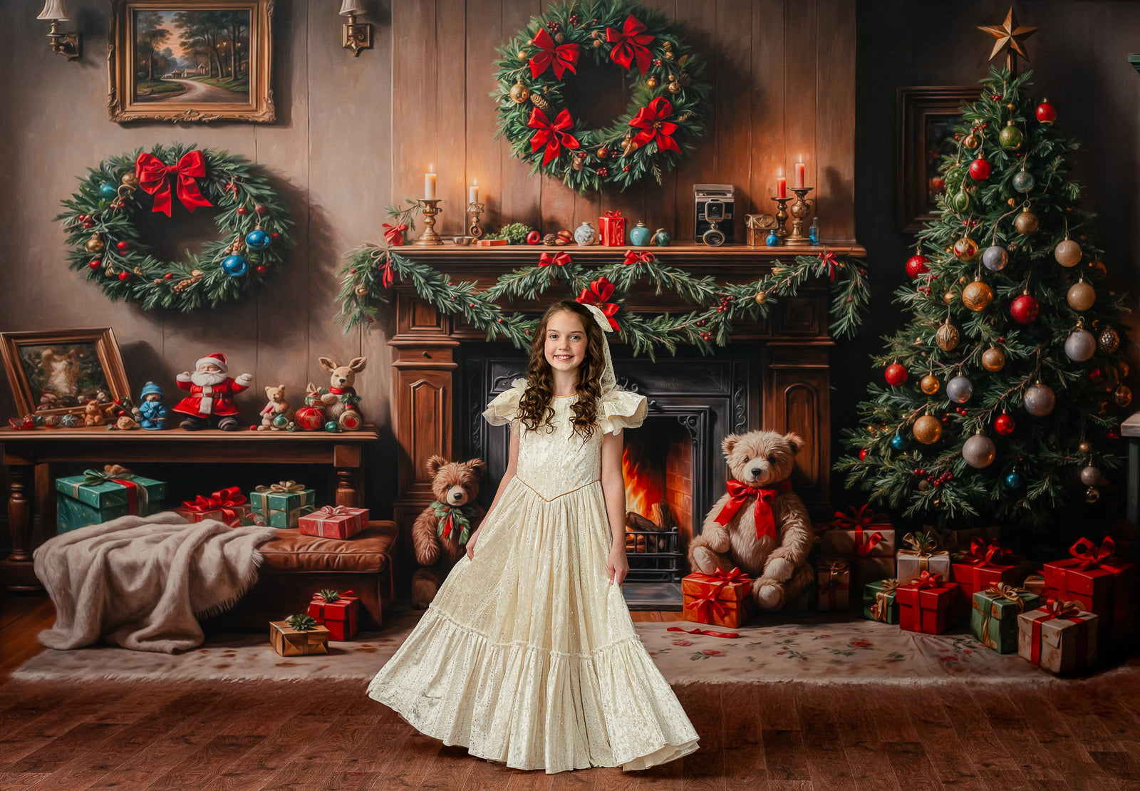 Child in Clara’s Dream ivory floor-length gown with detachable bow for Nutcracker photography, dream gown rental