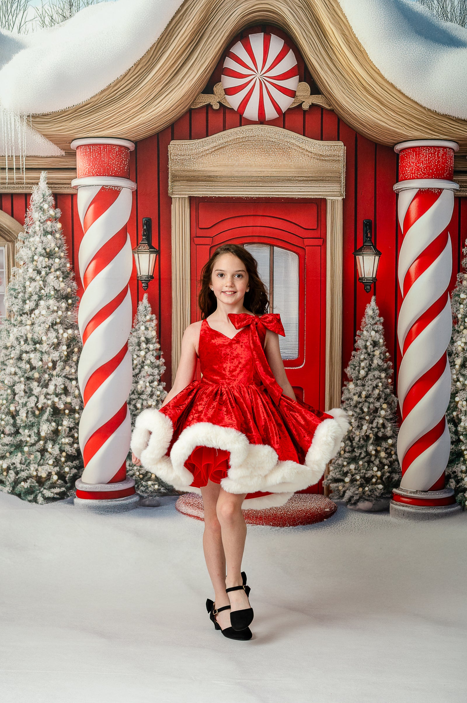 Styled holiday photo shoot featuring Mrs. Claus dress set for ages 5–7


