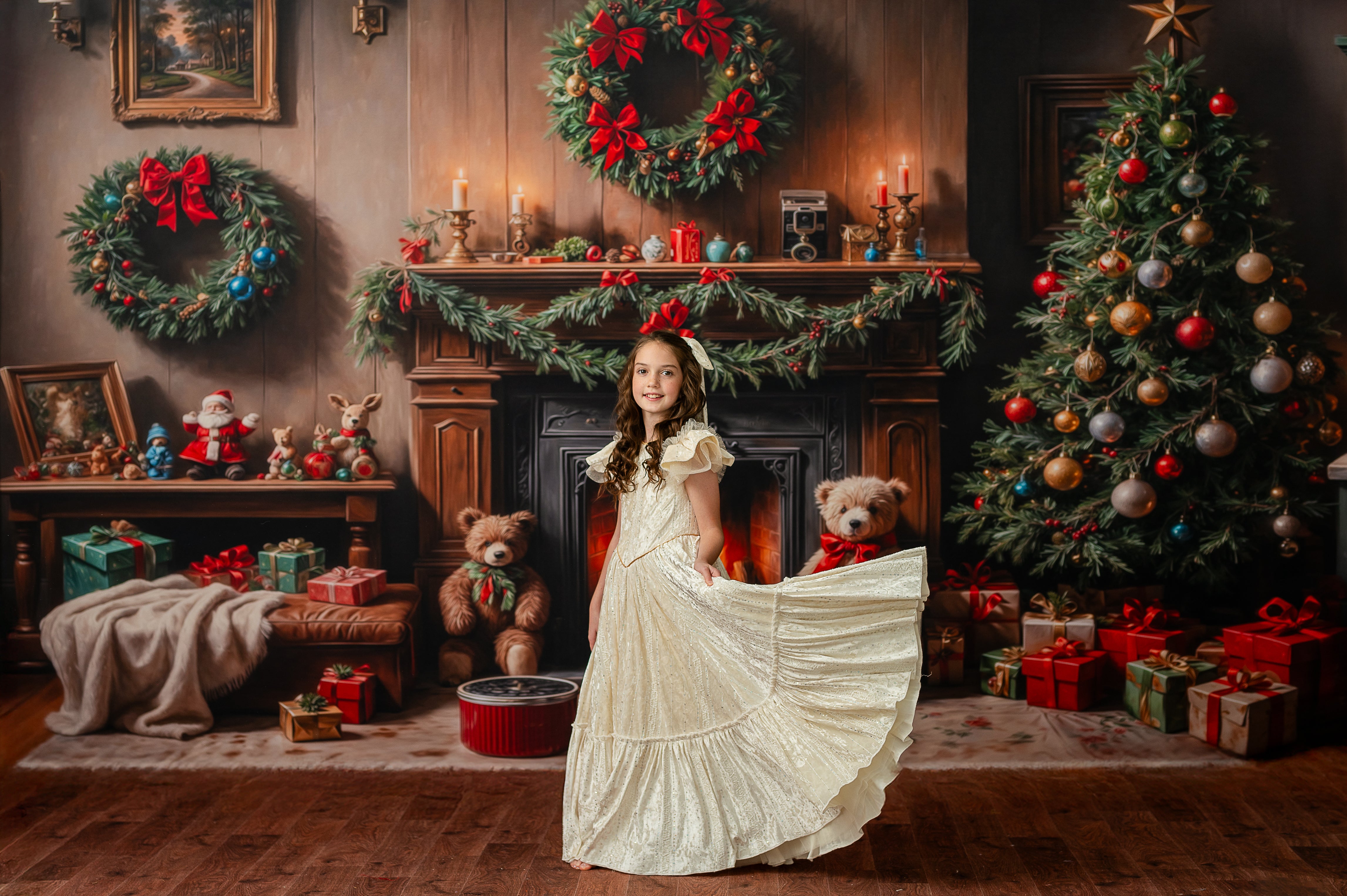 Child in Clara’s Dream ivory gown with detachable bow, Nutcracker photography dress, Dream Gown Rental