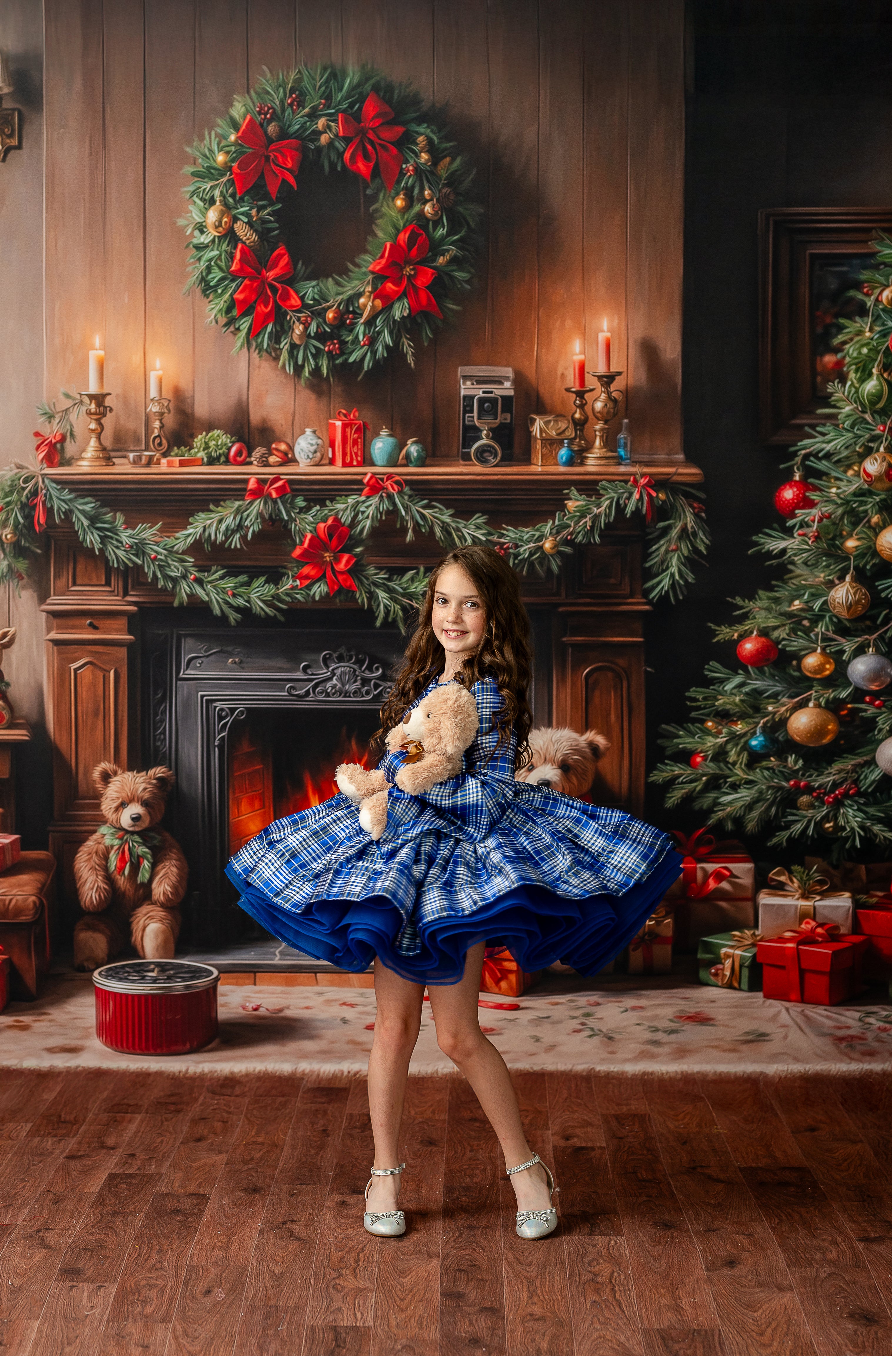 Full-length view of Holiday Magic Dress styled for winter photo session

