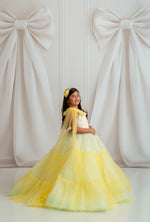 Full view of yellow and pale blue ombré Harmony gown in soft natural light

