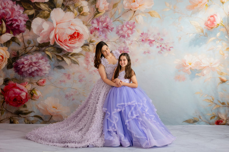 Close-up of mesh jacquard texture and tassel hook embroidery on the Aurelia’s Dream gown.

