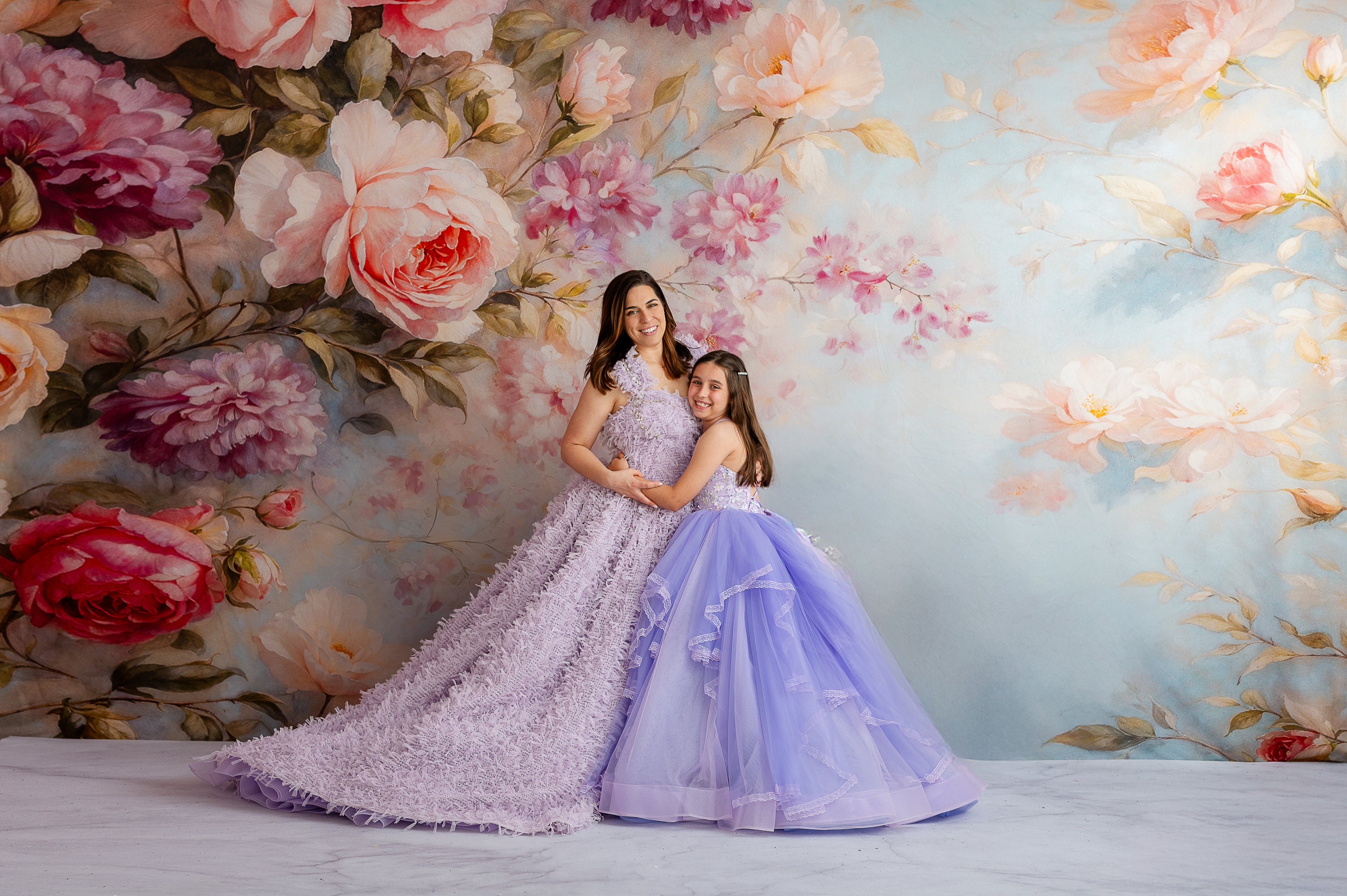 Side profile emphasizing the ruffled structure and luxurious lavender tones.

