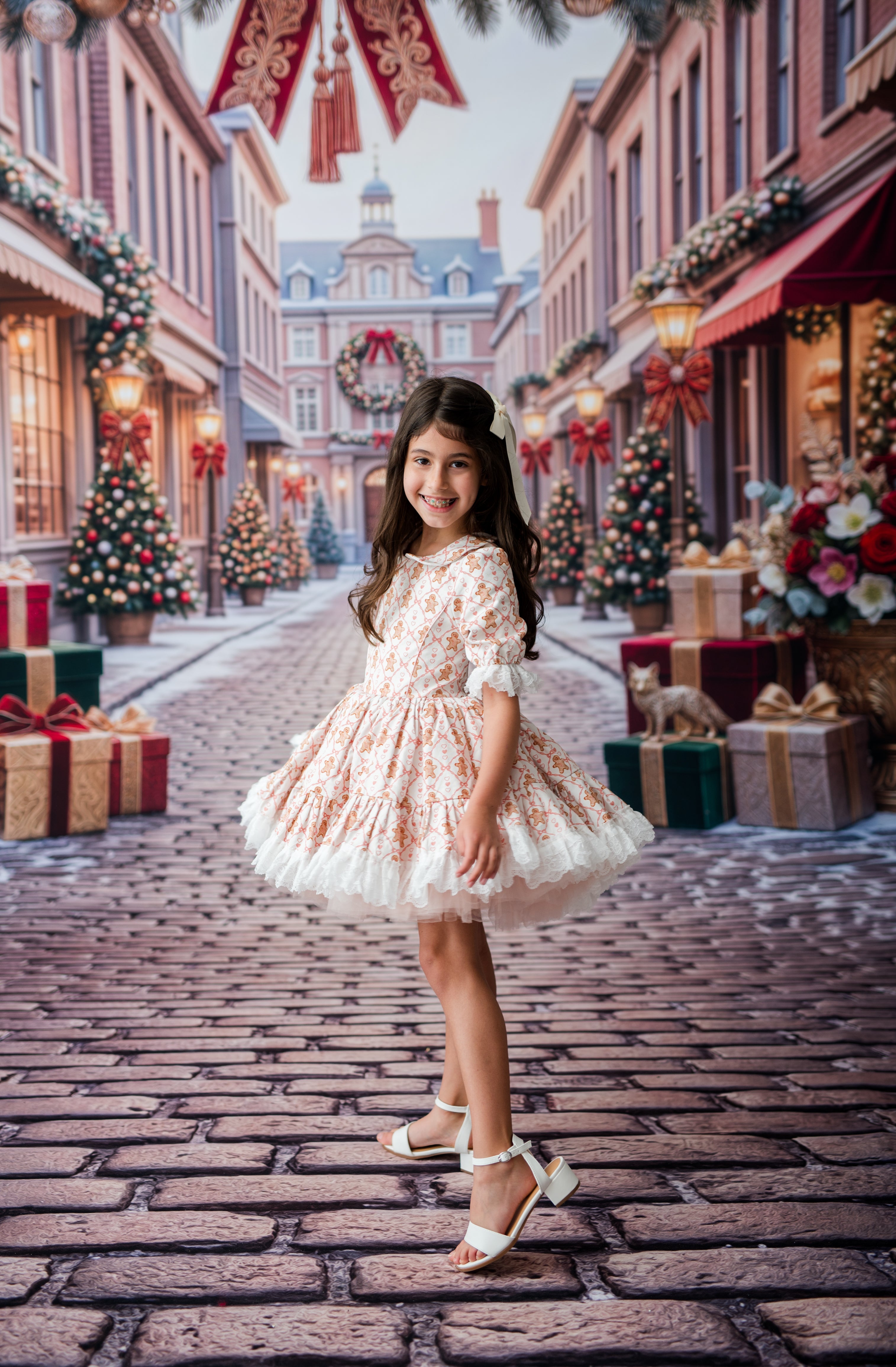 A young girl stands on a cobblestone street wearing a short, ruffled cream dress with a delicate pink floral pattern and white tulle trim. The background is a festive Christmas town scene with decorated trees, gift boxes, and red banners.
