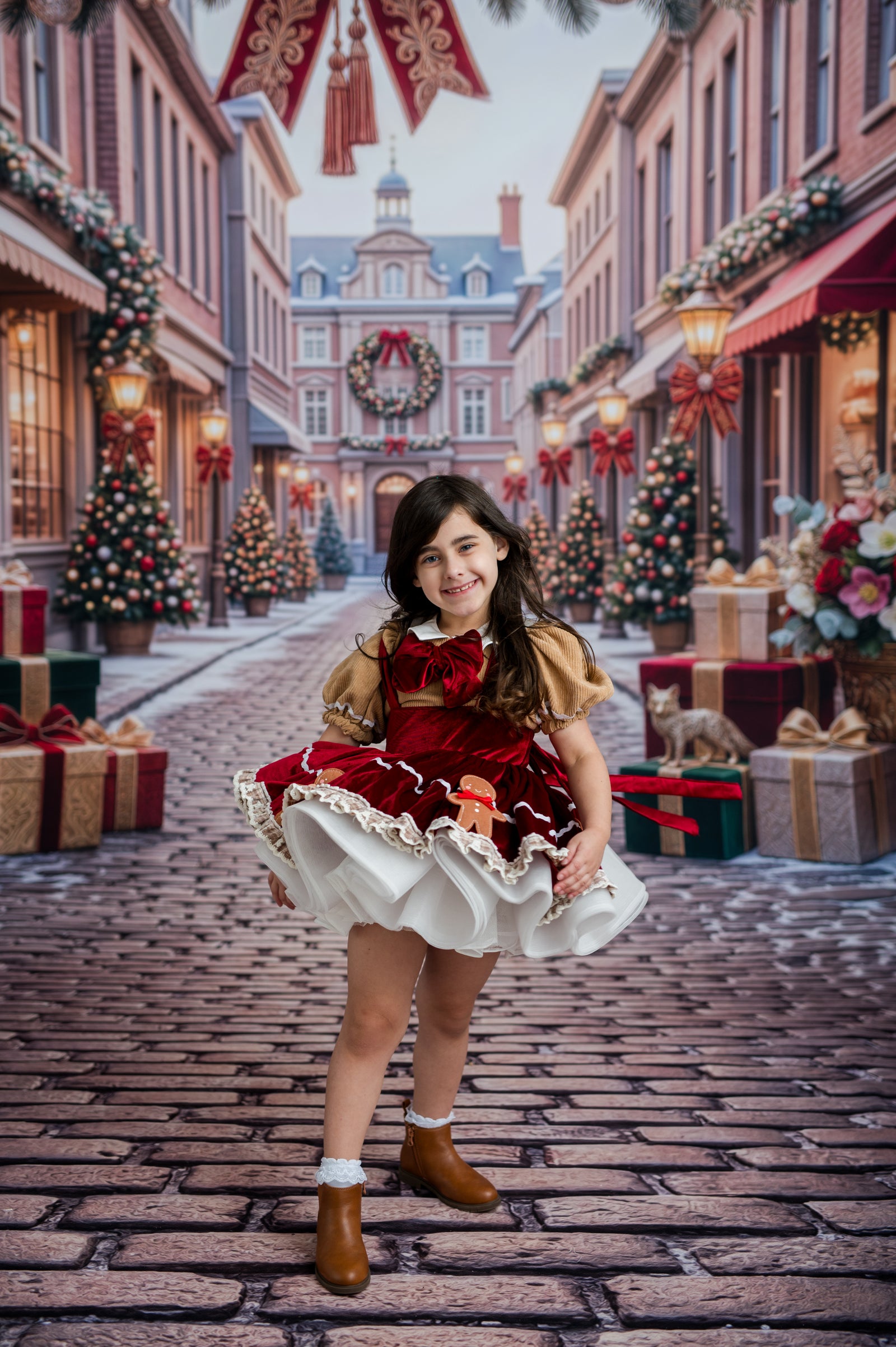 A young girl stands on a cobblestone street wearing a festive red and white holiday dress with brown boots, posed in front of a decorated Christmas village scene with trees, gifts, and hanging banners.