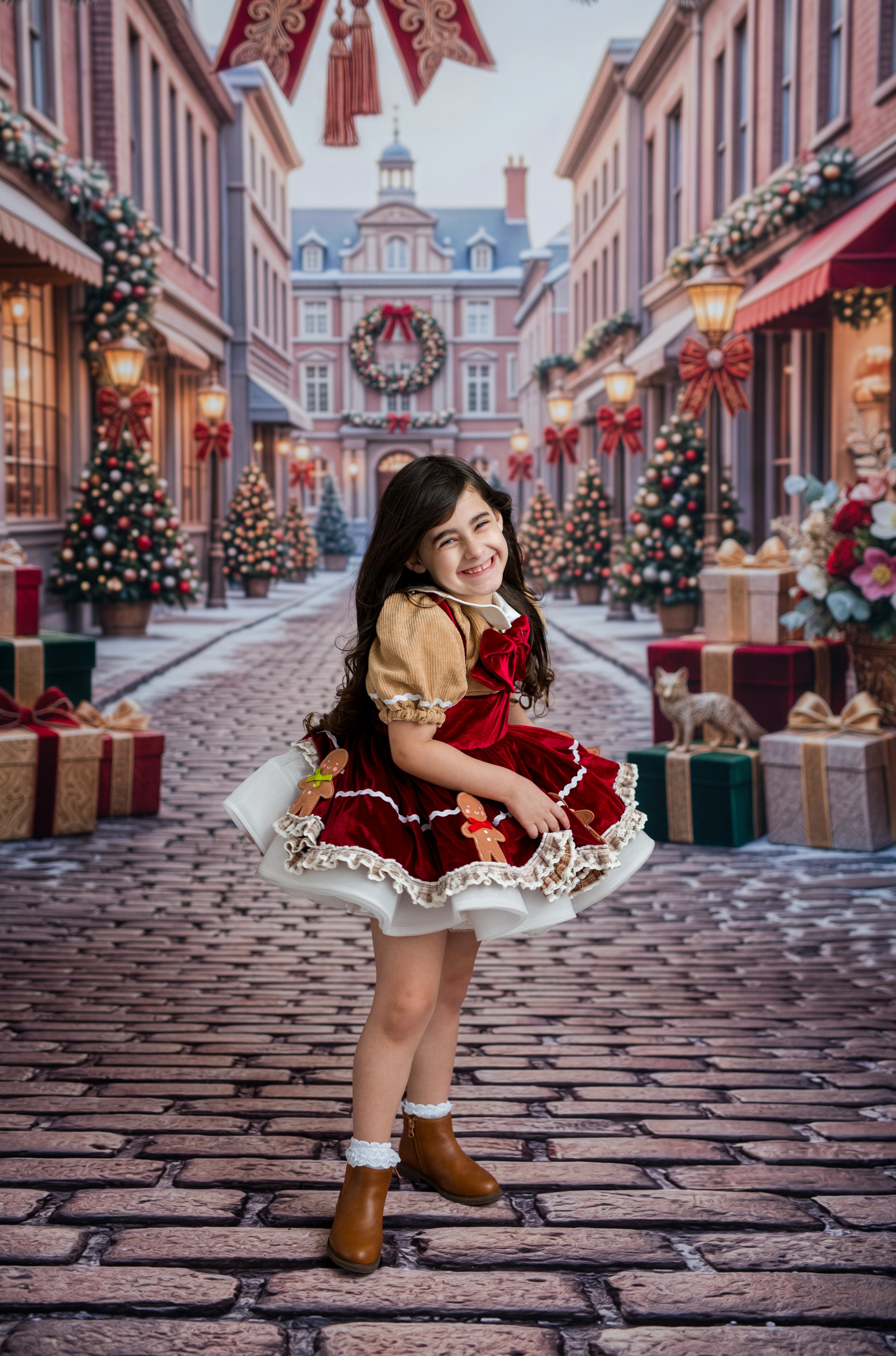 A young girl stands in a festive Christmas town street wearing a red and beige holiday dress with white lace trim and brown boots. The background features decorated buildings, Christmas trees, hanging ornaments, and gift boxes.