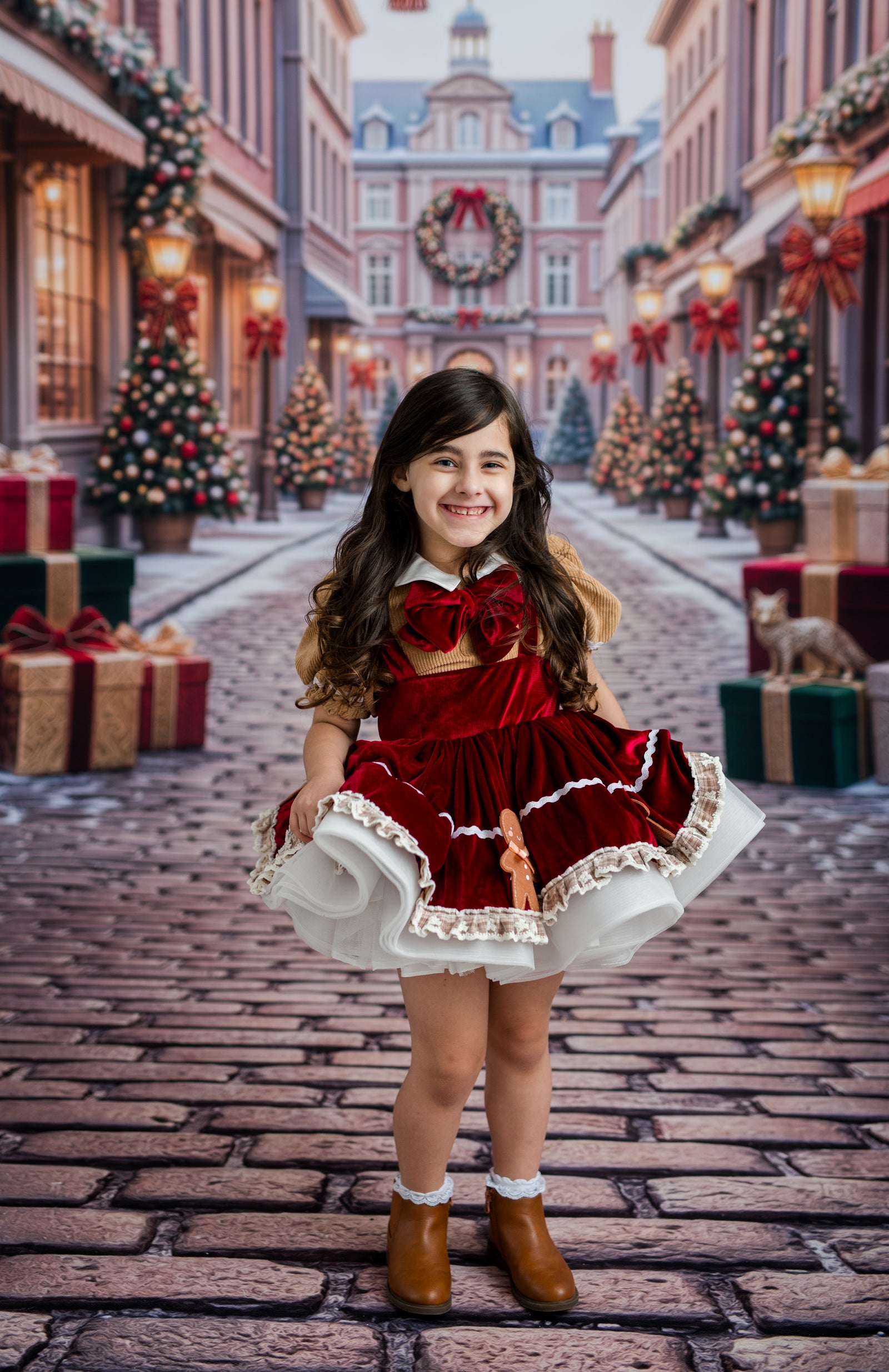 A young girl stands on a cobblestone street wearing a festive red and white holiday dress with brown boots, surrounded by decorated Christmas trees, gift boxes, and warm streetlights in the background.