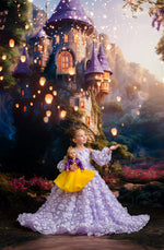 Fantasy scene with a girl in a white dress and yellow skirt standing in front of a magical castle with glowing lights.