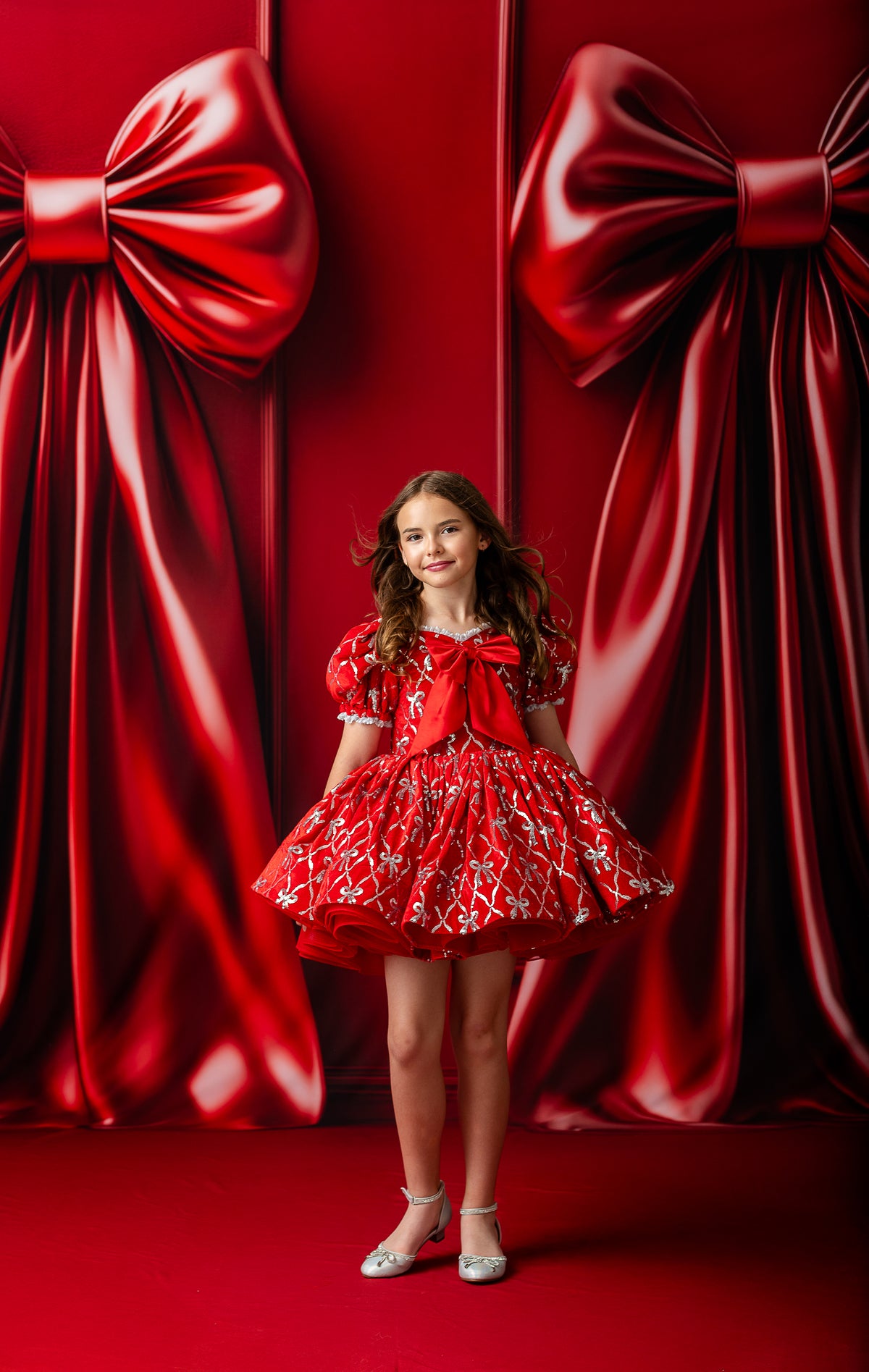 Detail shot of silver embroidered bows on the skirt paired with layers of soft tulle and lace.

