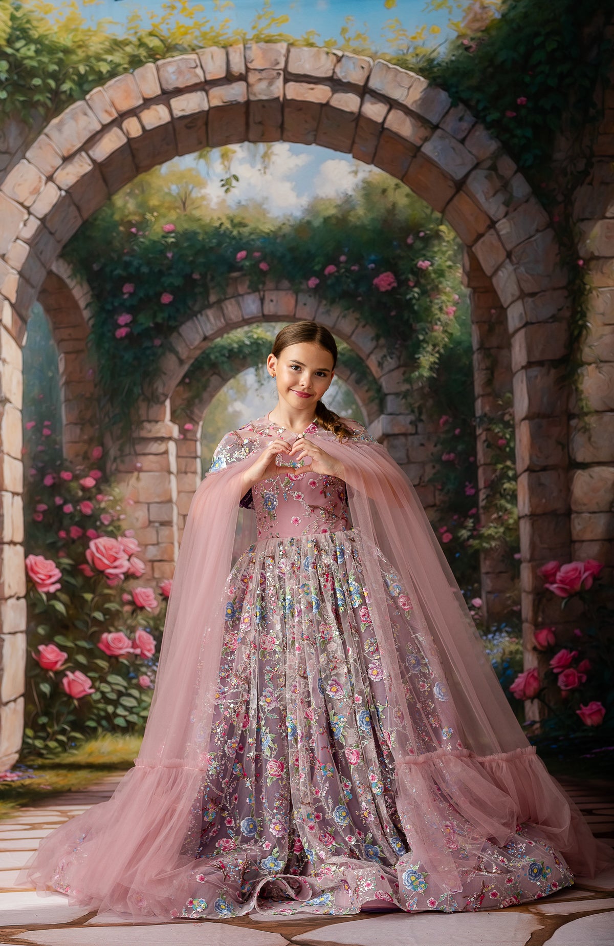 Child wearing a floral embroidered dress with detachable cape in soft pastel tones

