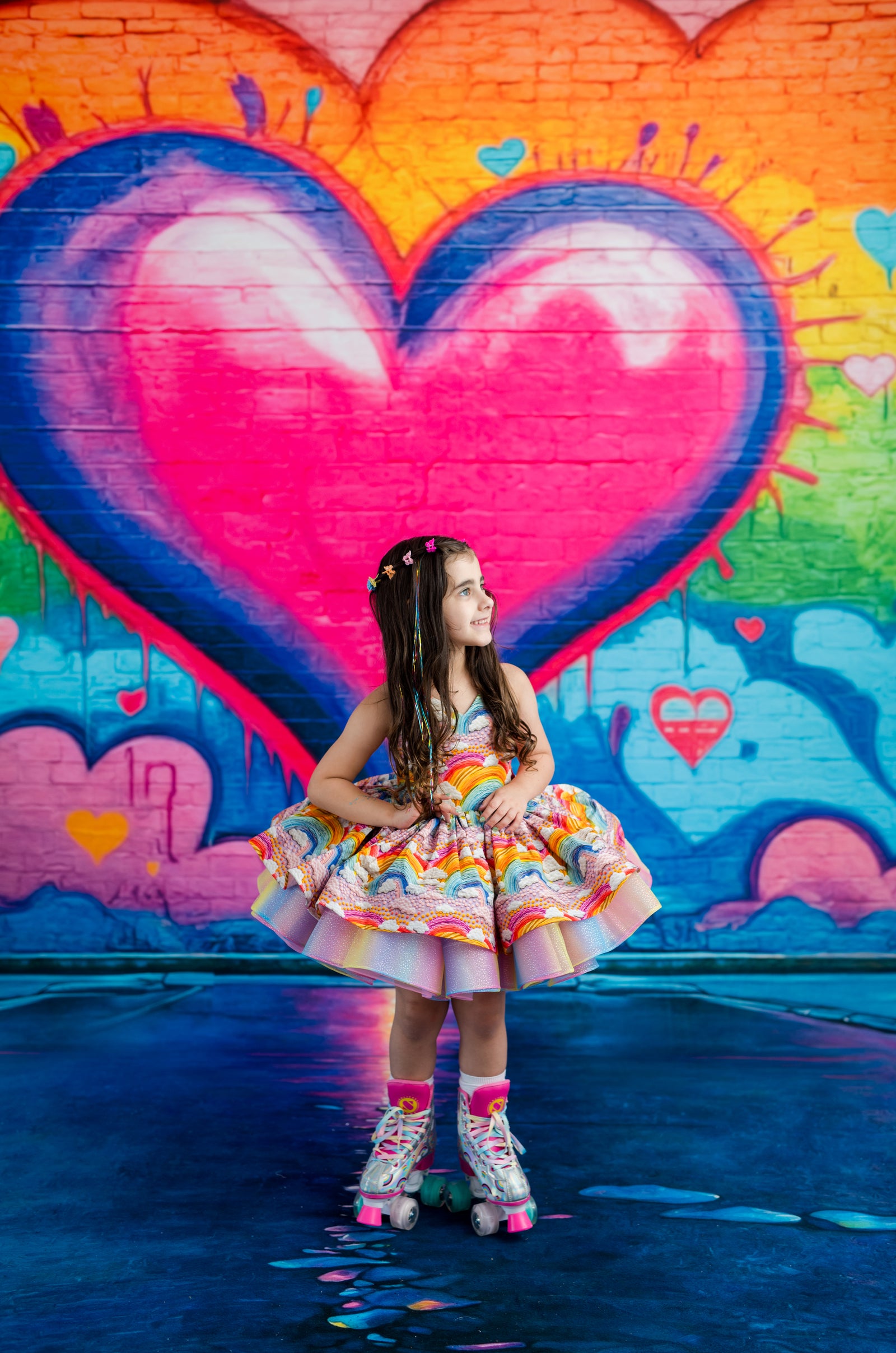 A young girl with long dark hair sits on roller skates in front of a vibrant graffiti wall featuring a large pink and blue heart. She is wearing a colorful, tiered ruffle dress with a rainbow pattern.