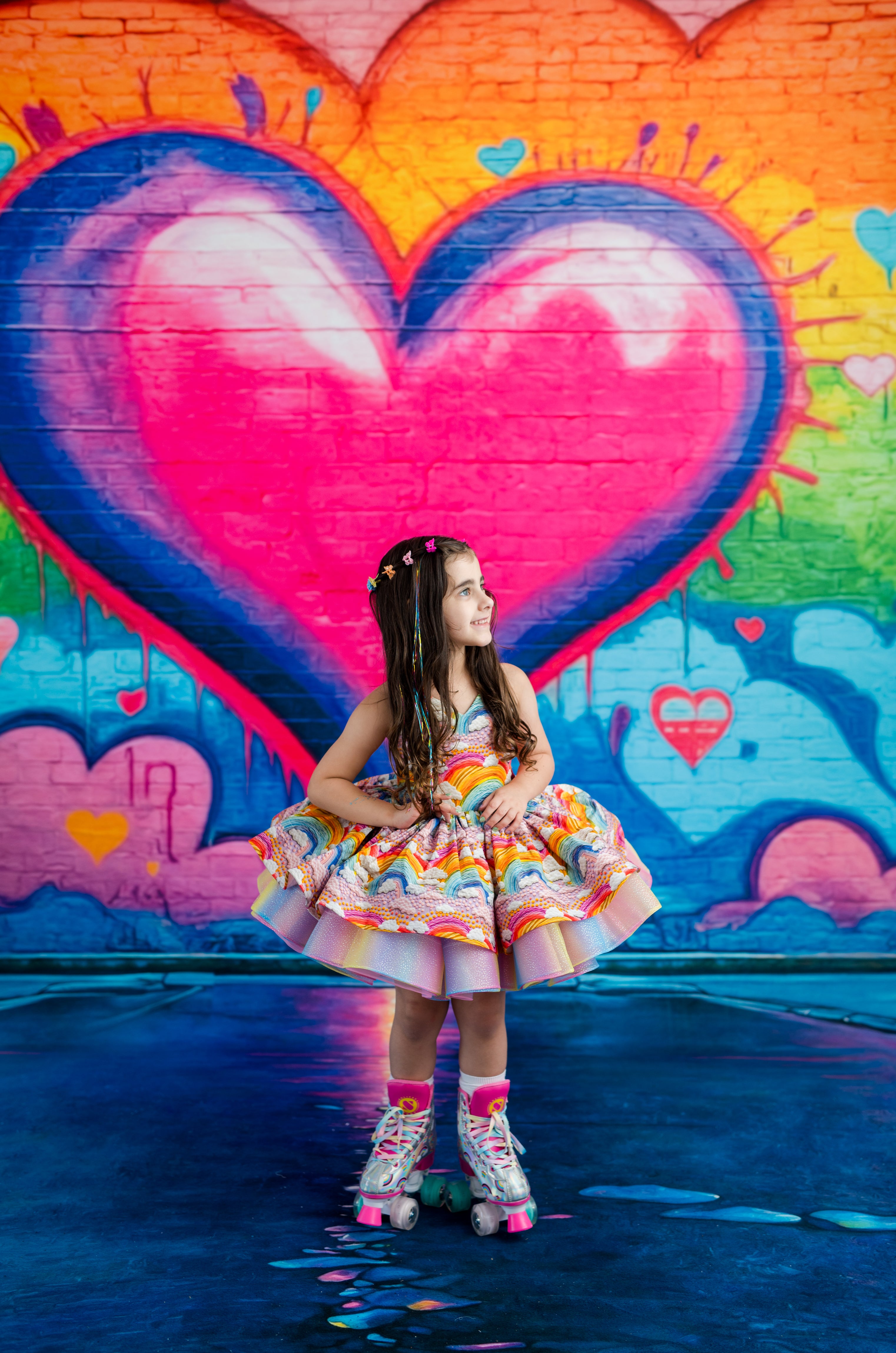 A young girl with long dark hair sits on roller skates in front of a vibrant graffiti wall featuring a large pink and blue heart. She is wearing a colorful, tiered ruffle dress with a rainbow pattern.