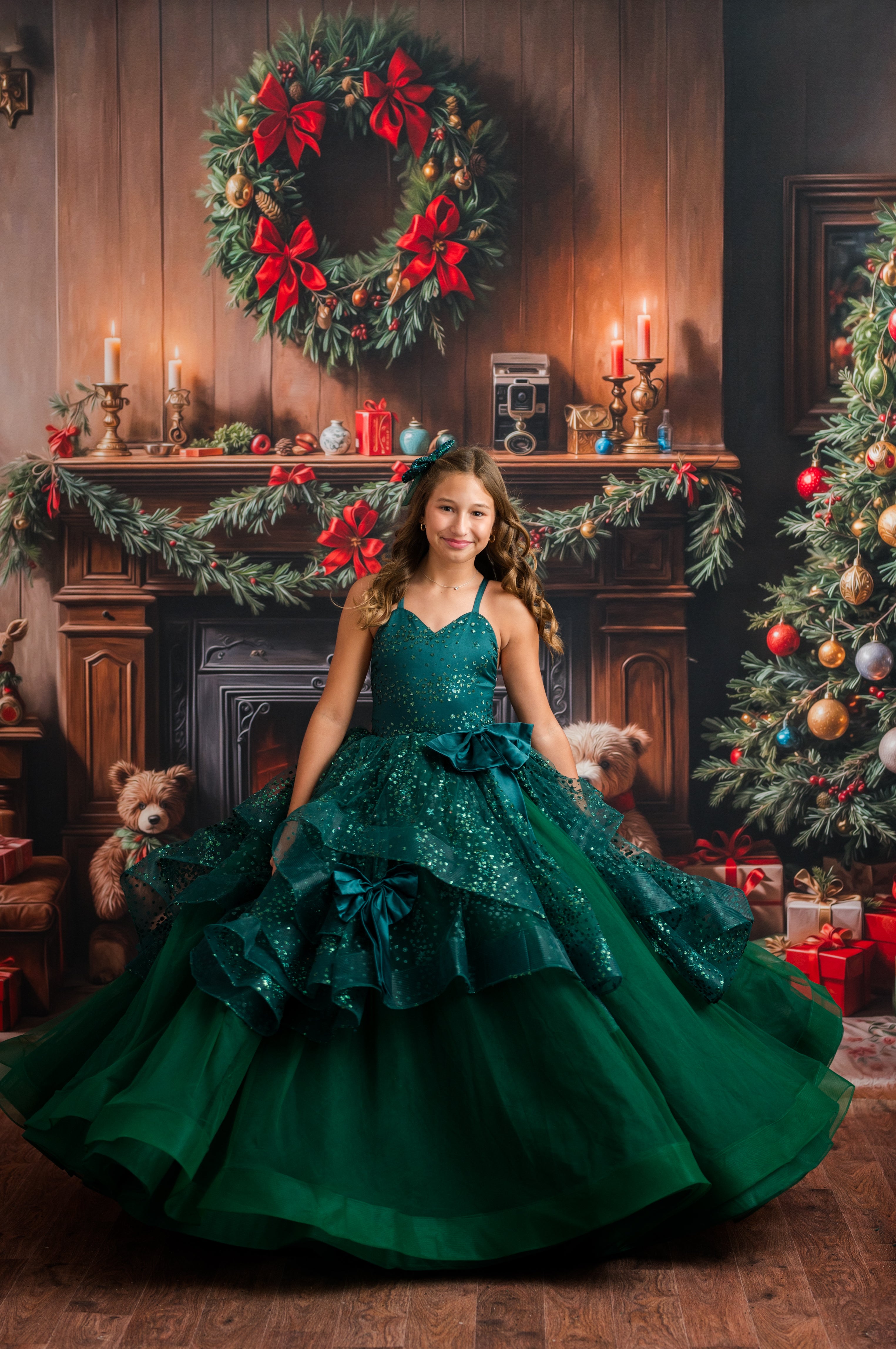 A young girl wearing a voluminous emerald green ball gown with sequined ruffles, posed in front of a decorated Christmas fireplace with a wreath, candles, and a Christmas tree.