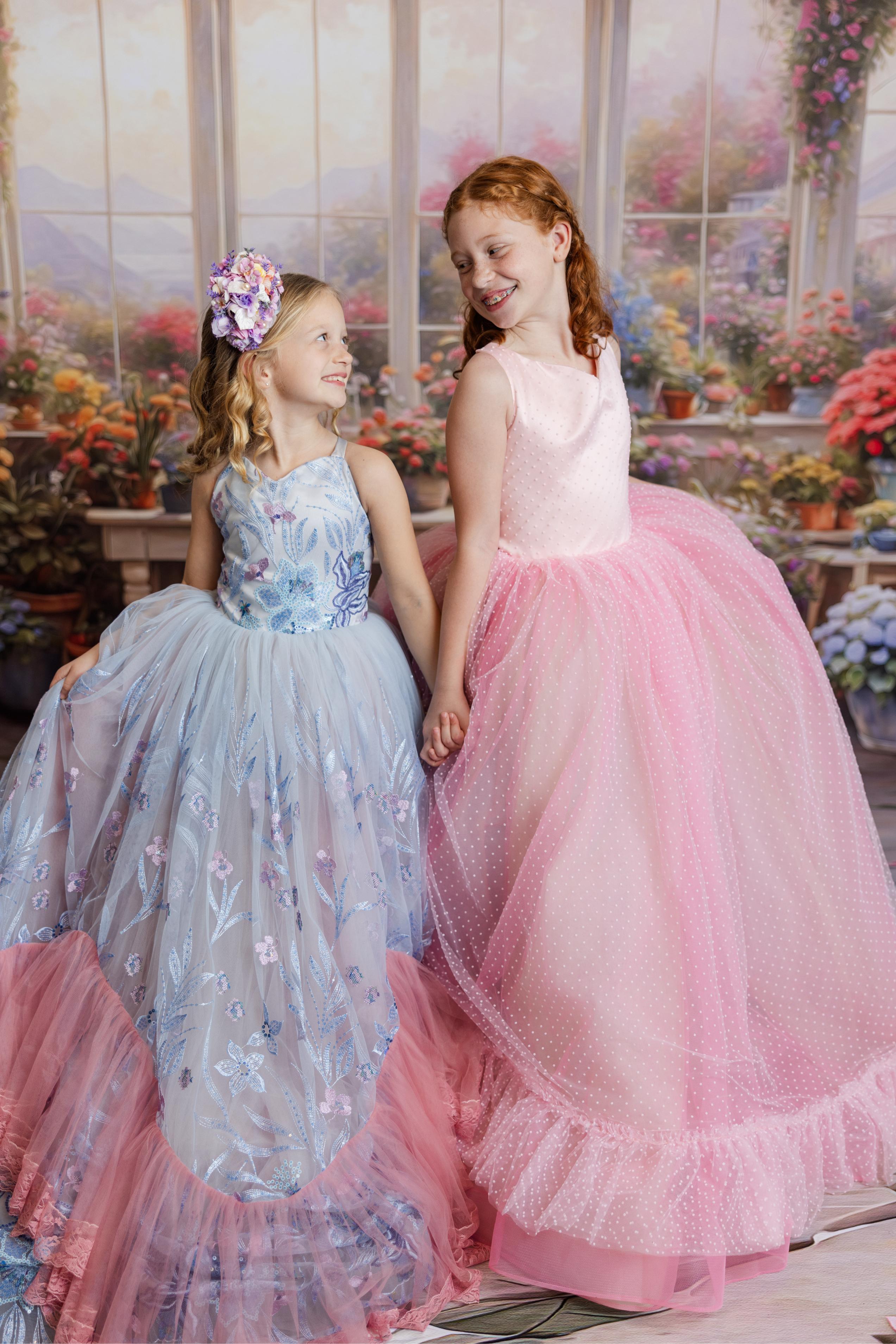 "Swish Dot" Couture Pastel  Floor length gown  ( 8 Year - Petite 11 Year)