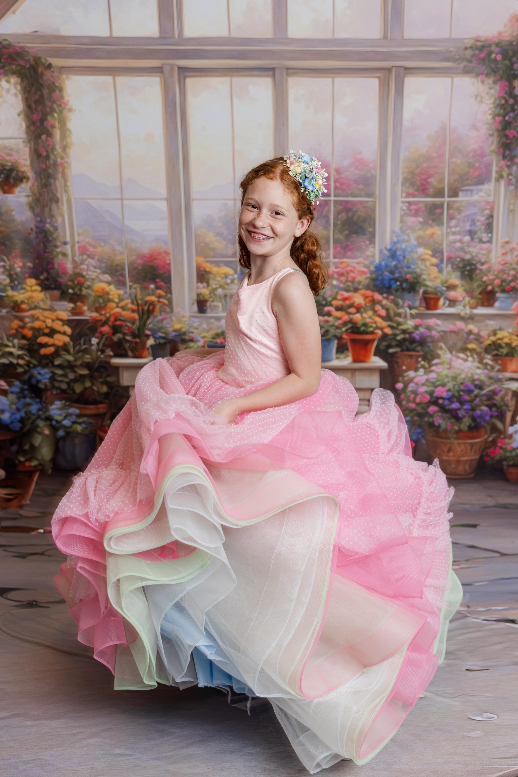 "Full view of Swish Dot Couture Pastel gown with pink Swiss dot fabric and pastel tulle layers"

