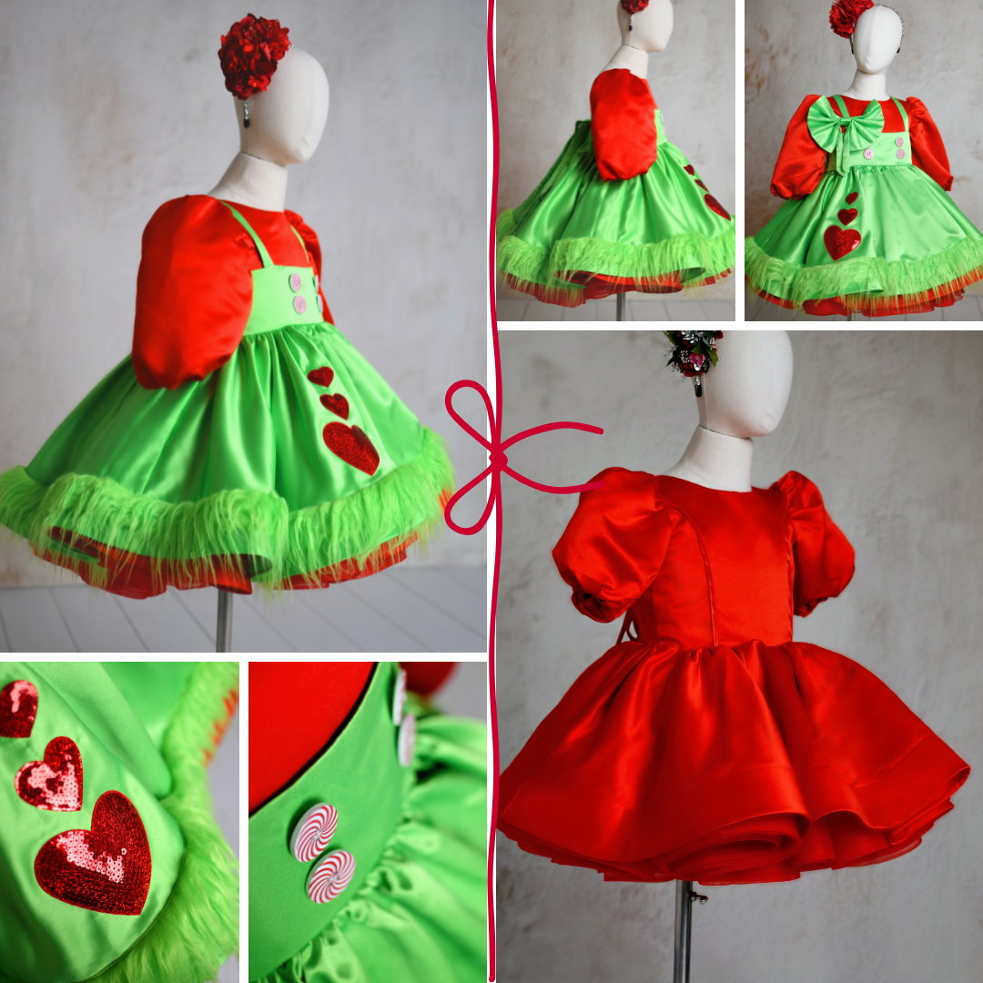 Holiday-themed Grinch dress with playful apron and adjustable accessories