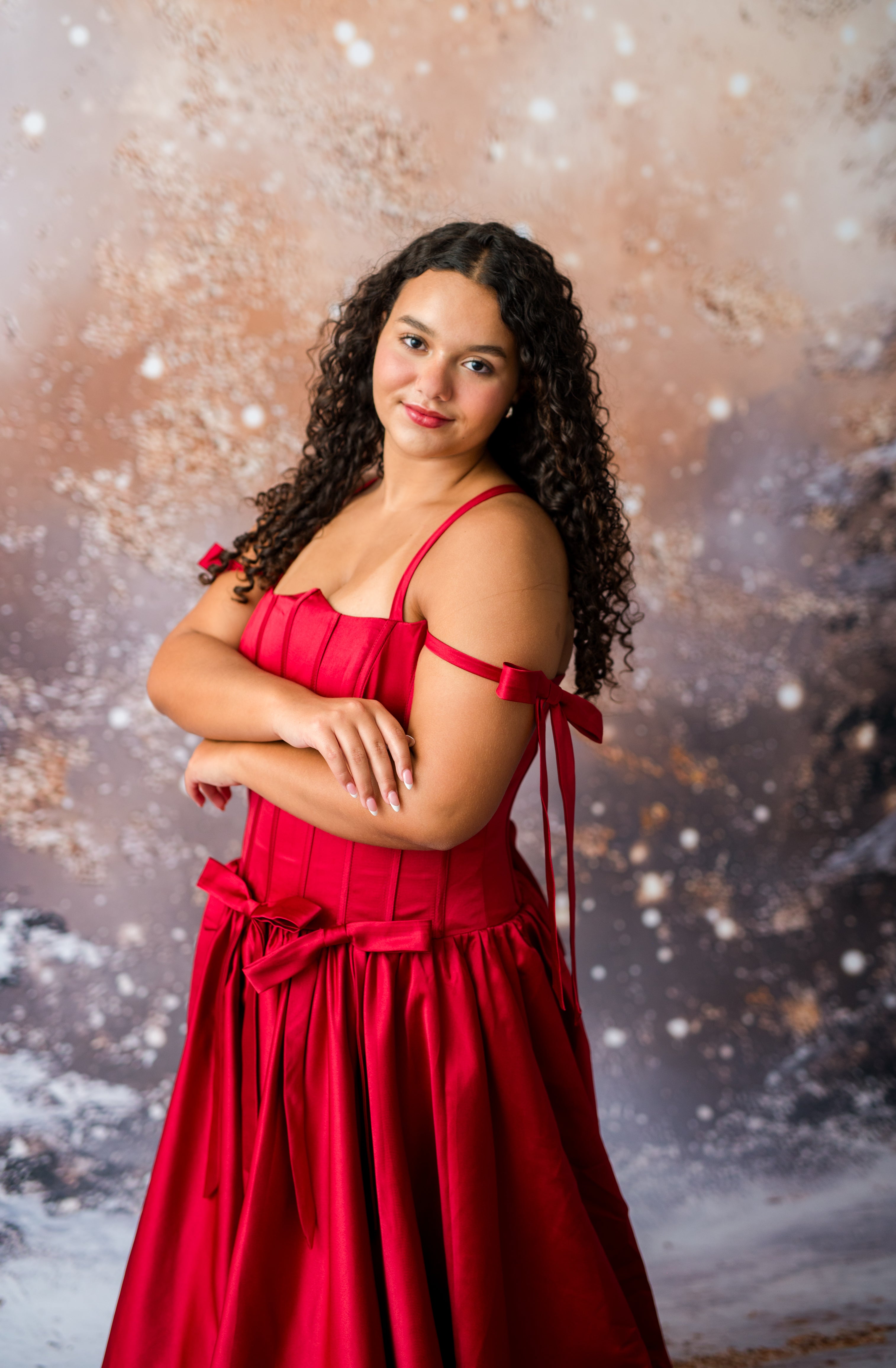 Red satin formal gown with detachable off shoulder bow accents
