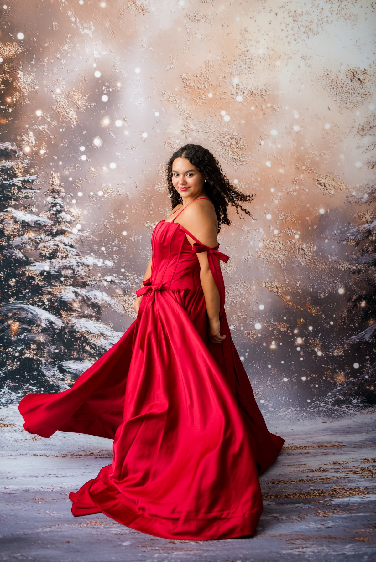 Adult red couture ball gown with corset style bodice and crinoline