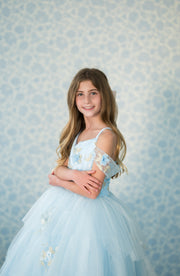 Young girl in a light blue dress with floral details against a patterned background