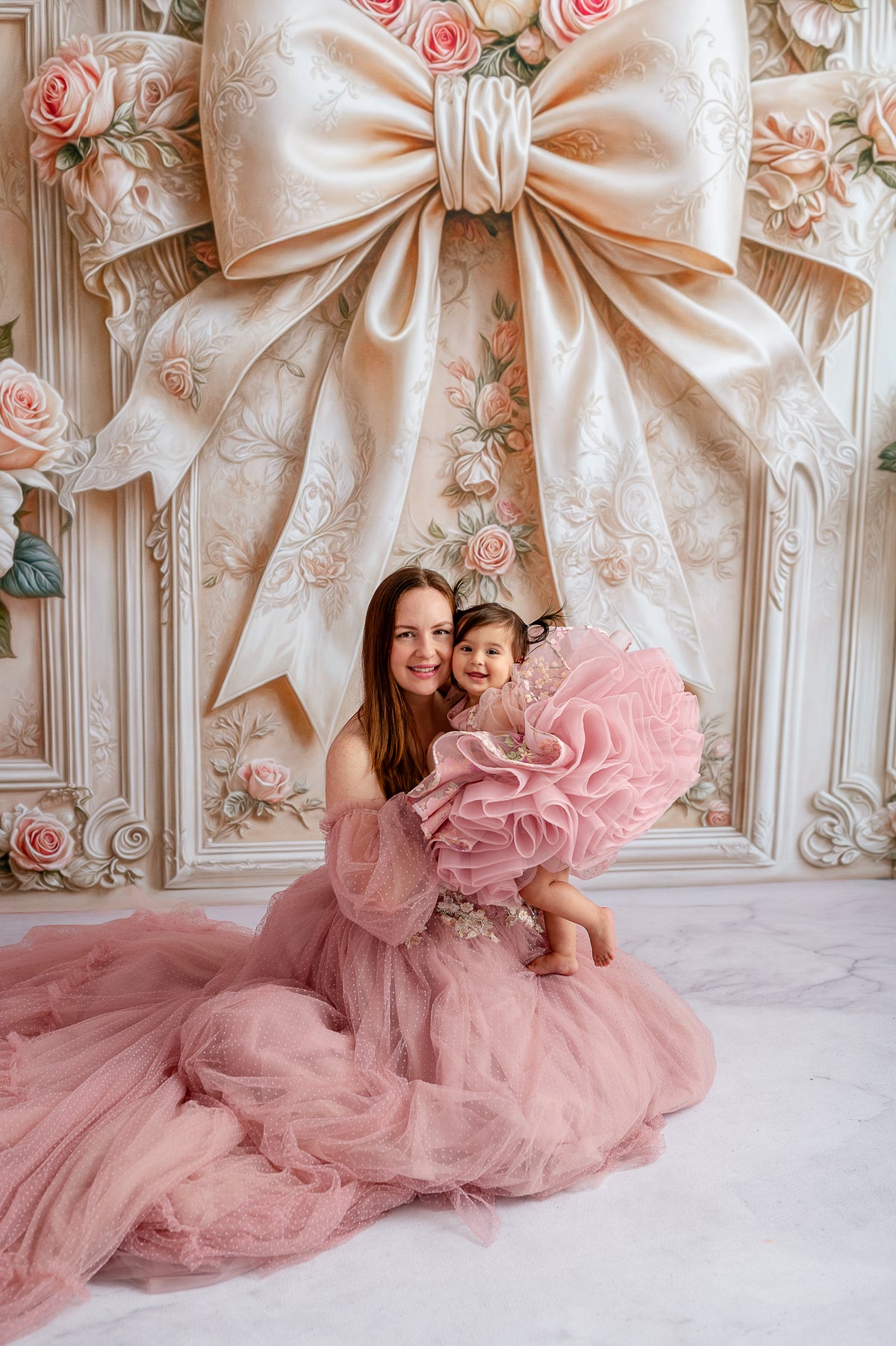 Soft pink flowing gowns perfect for a princess-themed shoot
