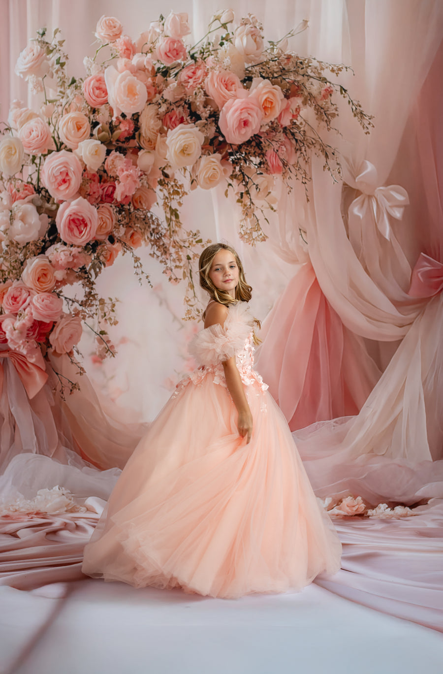 "Fine art couture gown for girls – peach floral embroidered bodice and tulle skirt"