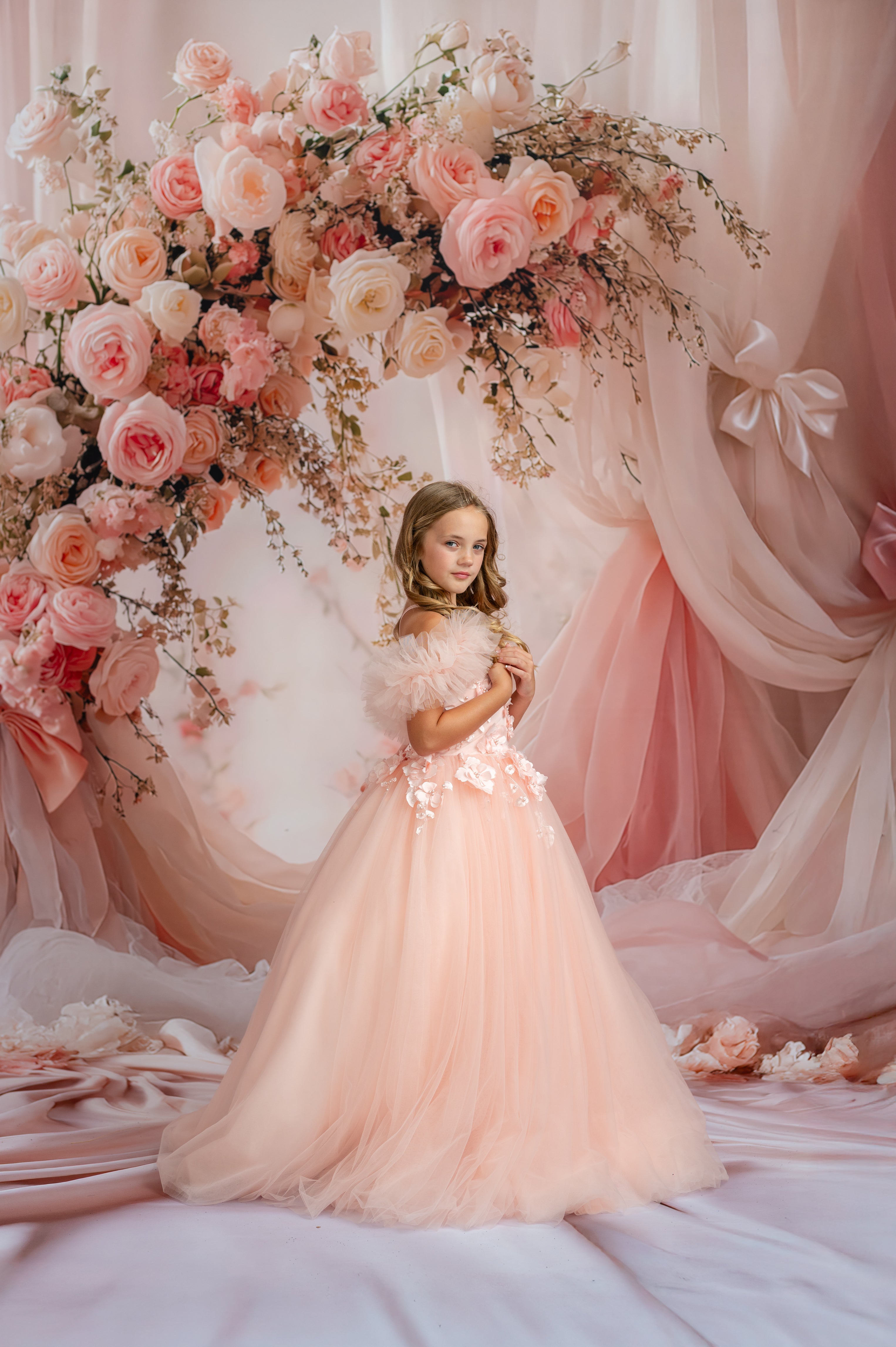 "Luxury peach flower girl dress with off-shoulder tulle and 3D floral appliqués"