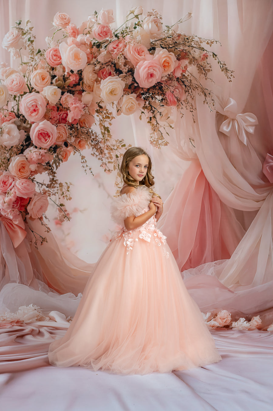 "Luxury peach flower girl dress with off-shoulder tulle and 3D floral appliqués"